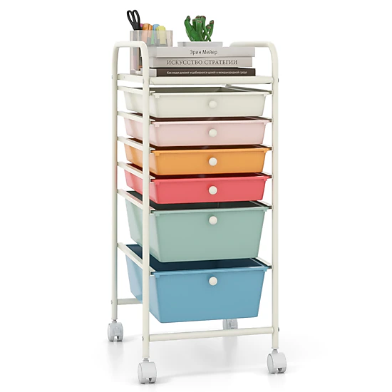 SUGIFT 6-Drawer Rolling Storage Cart Organizer File Cabinet with 2 Deep and 4 Shallow Drawers Macaron Multicolor