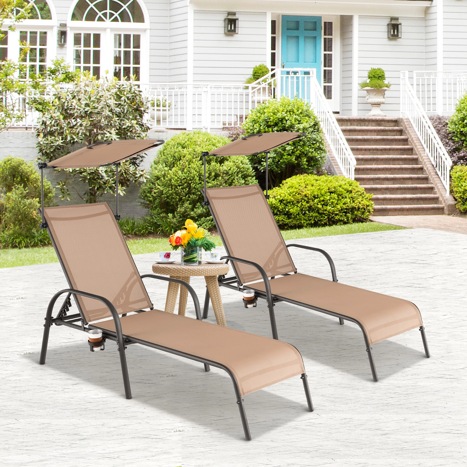 SUGIFT Brown Patio Chaise Lounge with Sunproof Canopy, Rotary Cup Holder, 5-Level Reclining Backrest