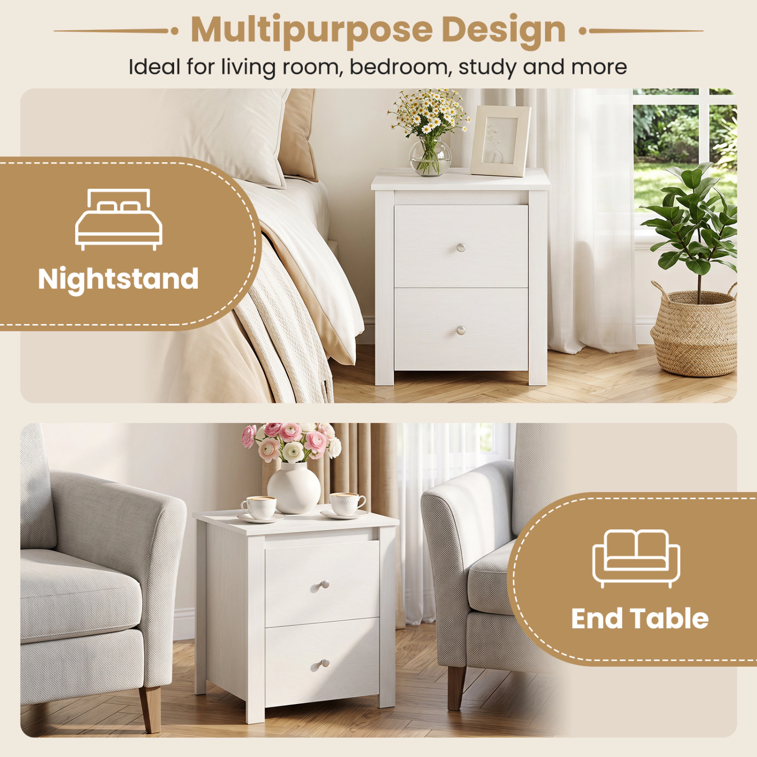 Hivvago Modern Nightstand with 2 Drawers for Small Spaces