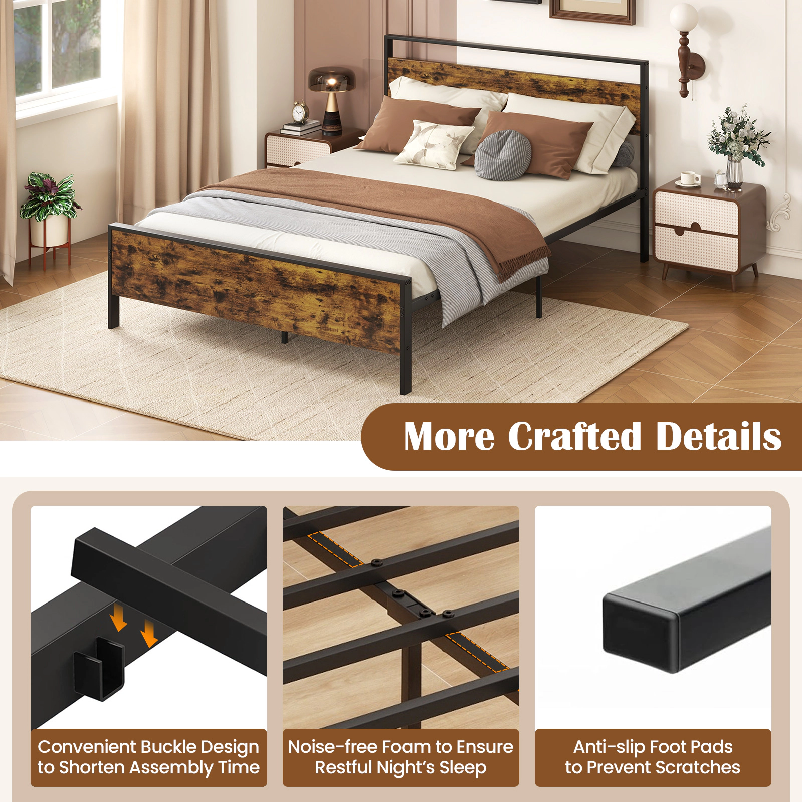 SUGIFT Rustic Wood & Metal Queen Platform Bed Frame with Headboard & Footboard 800-lb Capacity 84-in Length Rustic Brown