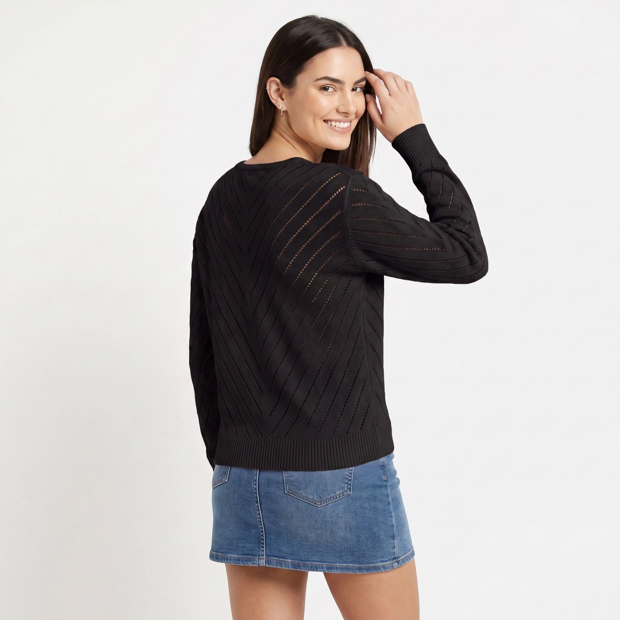 Anna-Kaci Women's Chevron Pointelle V-Neck Long Sleeve Knit Sweater