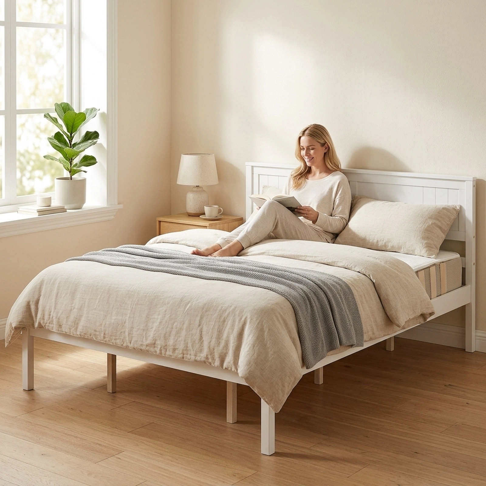 SUGIFT Queen Wooden Platform Bed Frame with Panel Headboard, Natural Finish