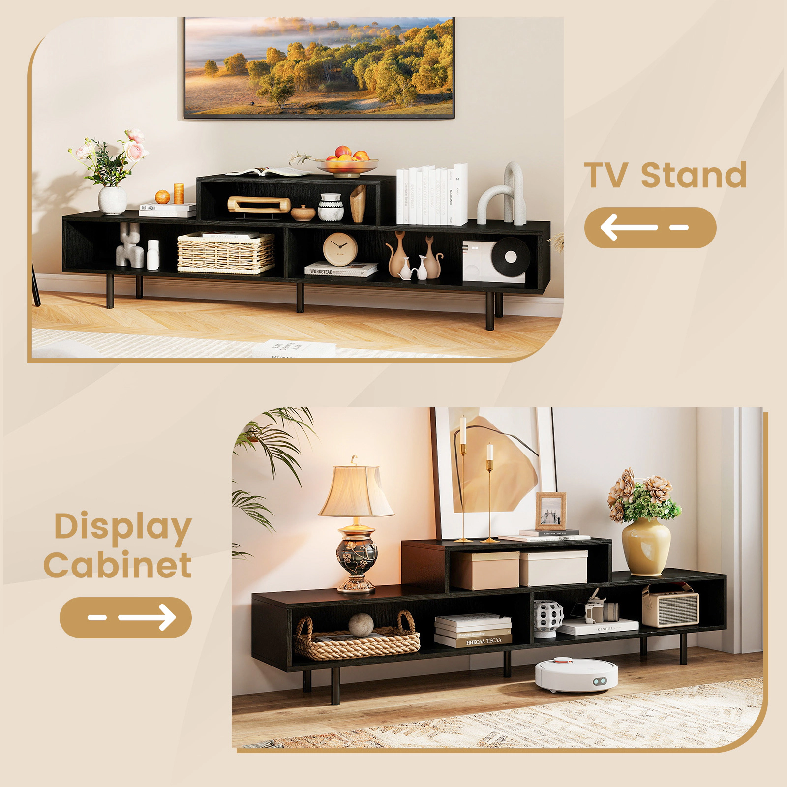 Glintex 63-Inch 3-Cubby TV Stand with Raised Metal Legs