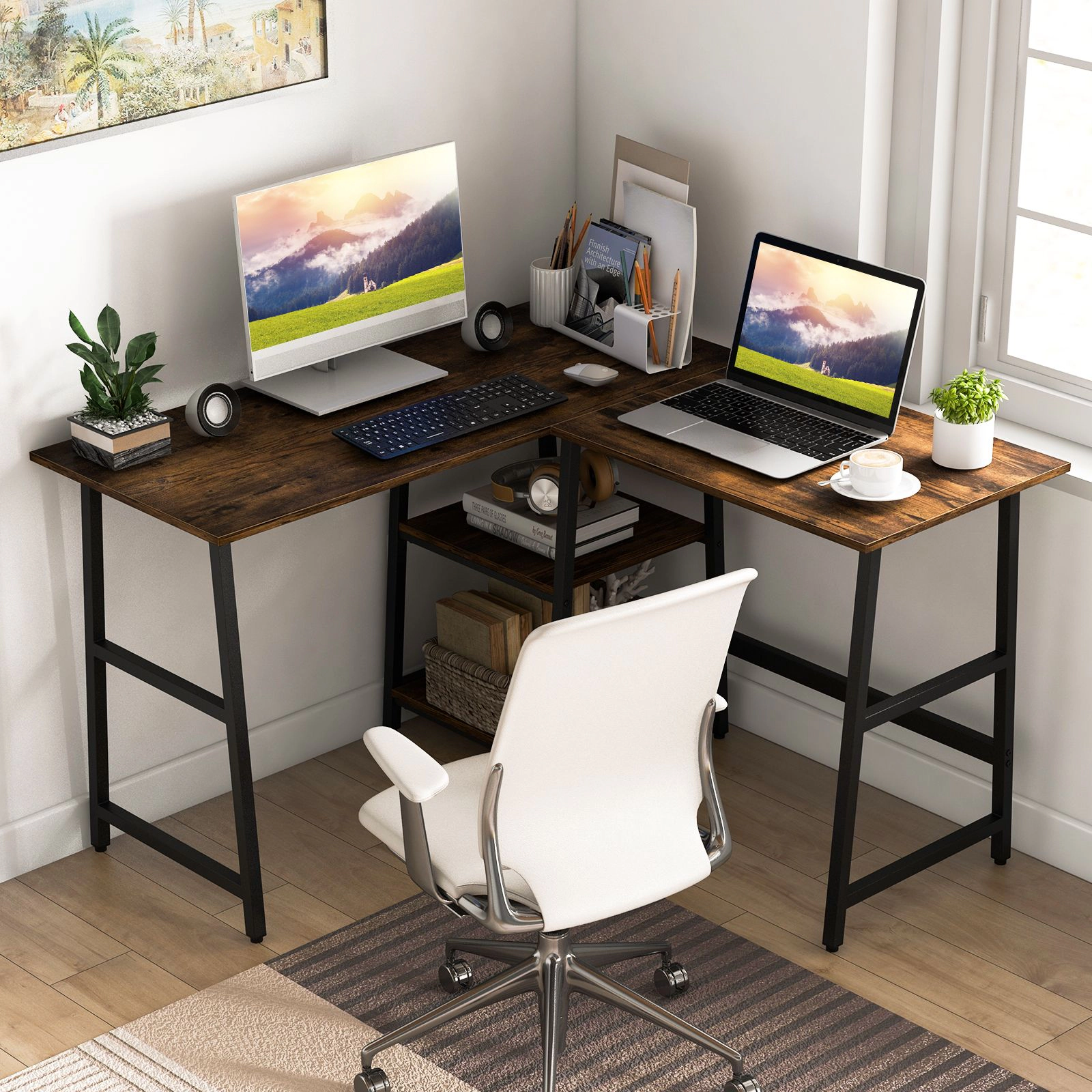SlickBlue Corner Computer Desk with Shelves, Metal Frame and Footrest