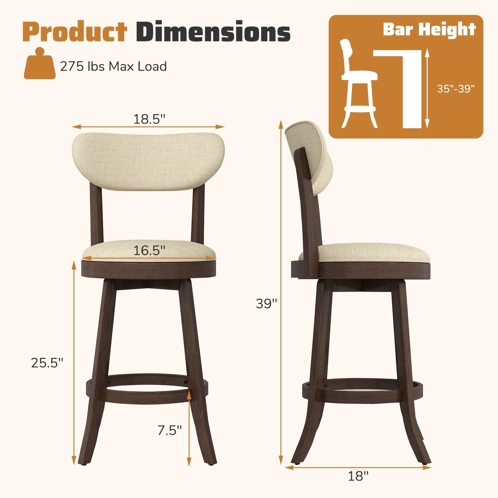 SlickBlue Set of 2 Swivel Counter Height Bar Stools with Linen Upholstered Seat Set