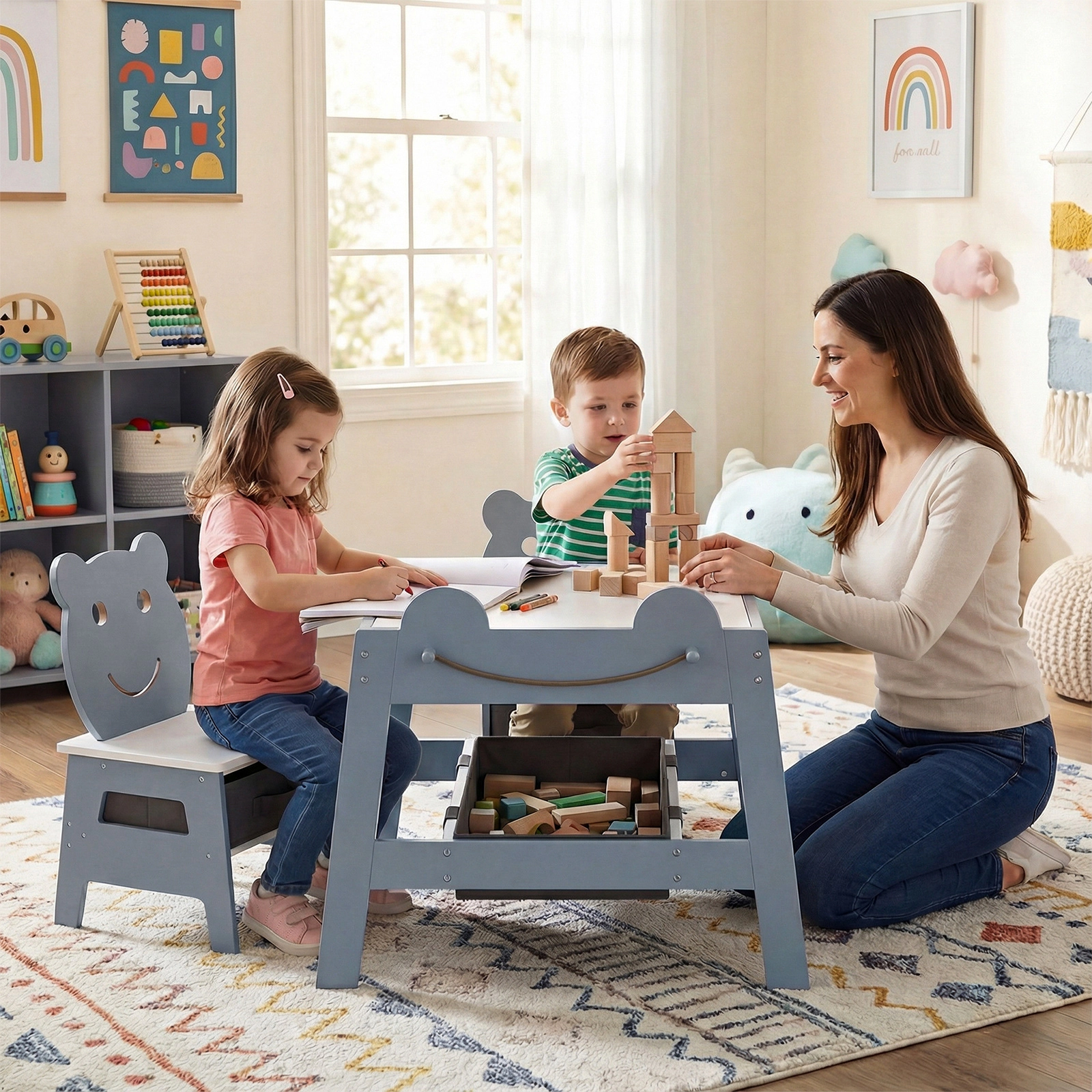 SUGIFT Gray Reversible Chalkboard Whiteboard Kids 5-in-1 Art Desk Set Table and 2 Chairs