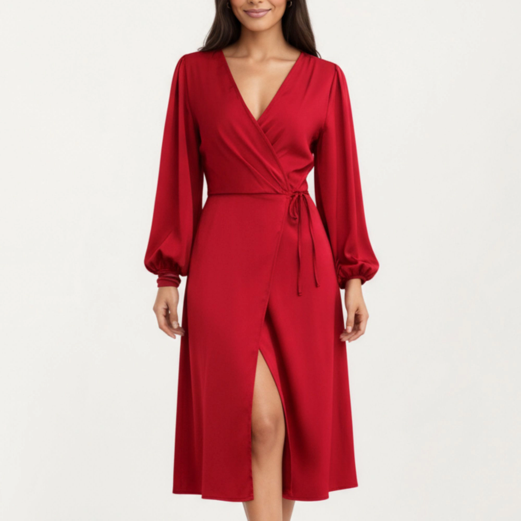 Anna-Kaci Women's Long Sleeve Wrap V Neck Side Tie Waist Midi Dress