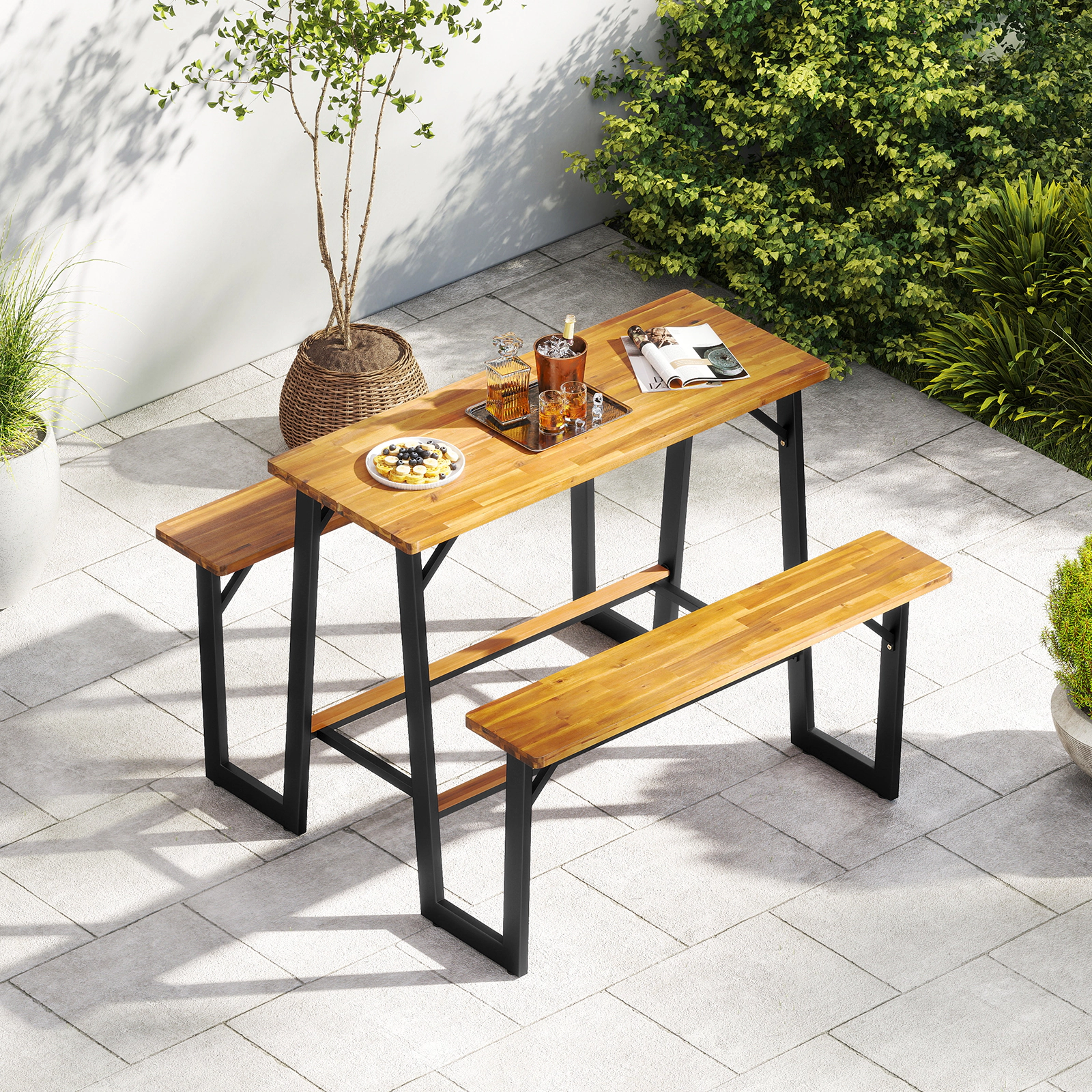 SUGIFT Bar Height Patio Picnic Table Bench Set Acacia Wood Top with Metal Frame
