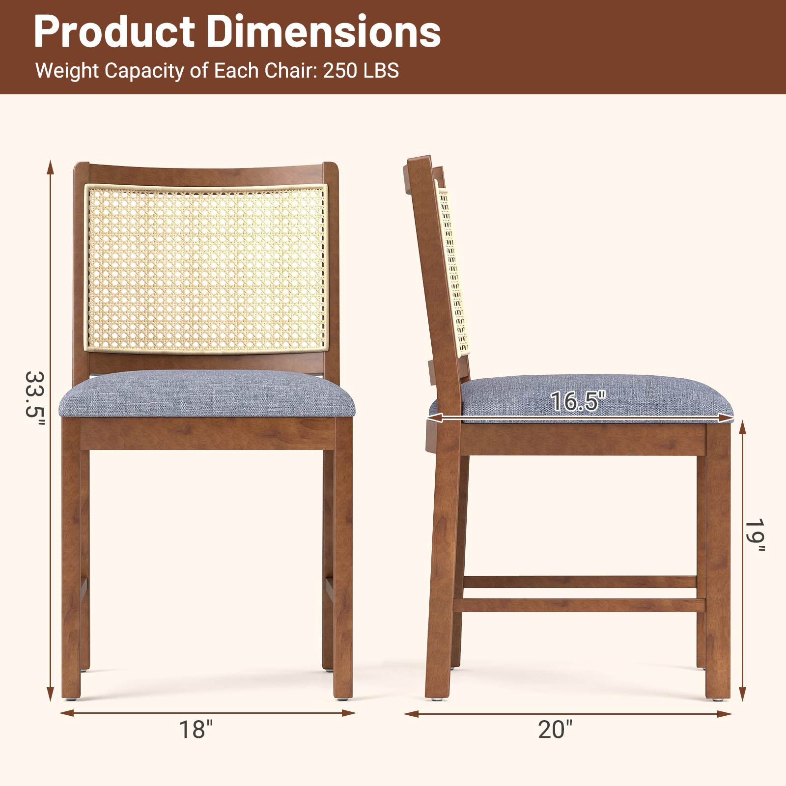 SUGIFT Natural Rubber Wood Rattan Dining Chair with Linen Padded Seat 220-lb Capacity Brown Gray Yellow