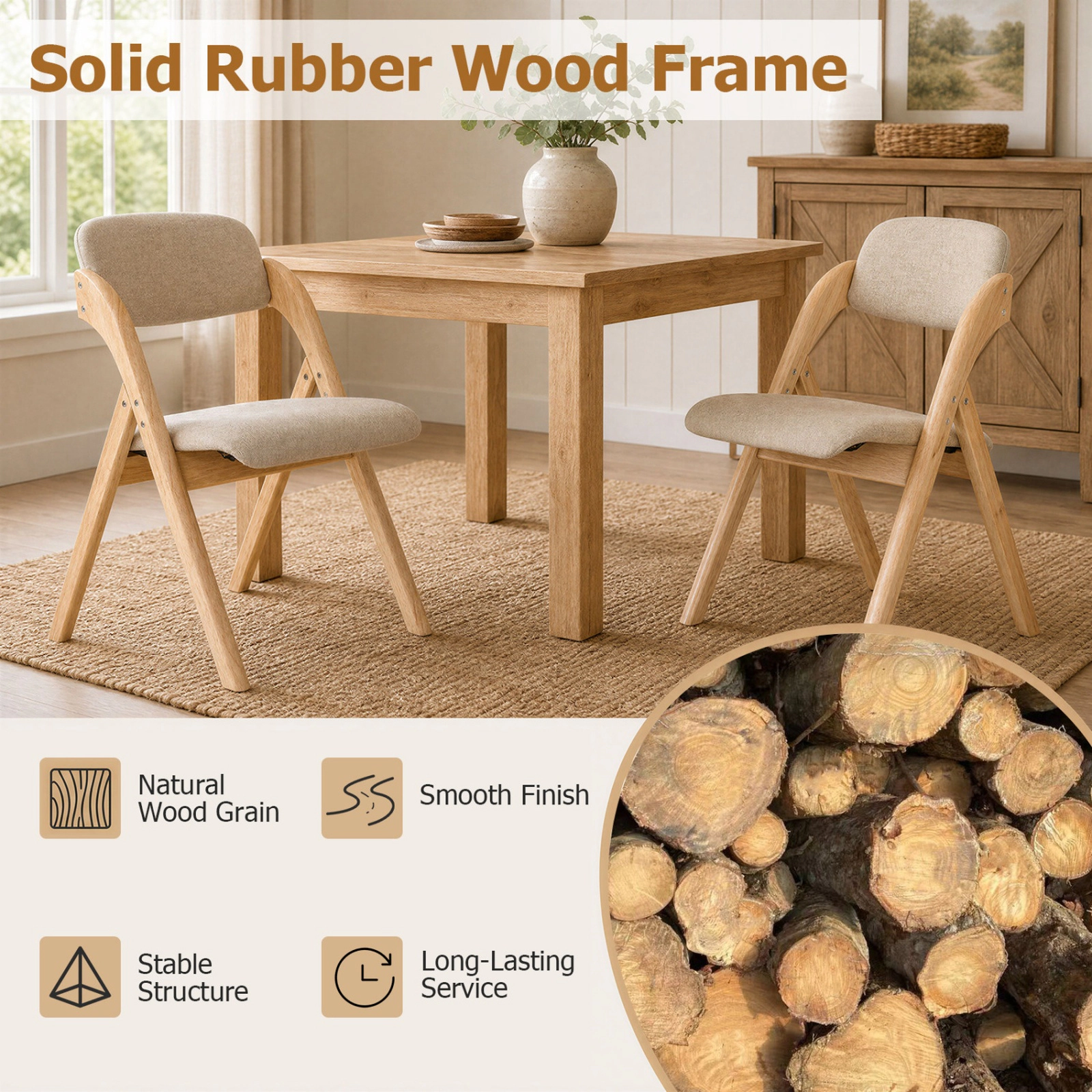 SUGIFT Folding Rubber Wood Dining Chairs Set of 4 with Linen Cushion 330-Lb Capacity Natural and Khaki
