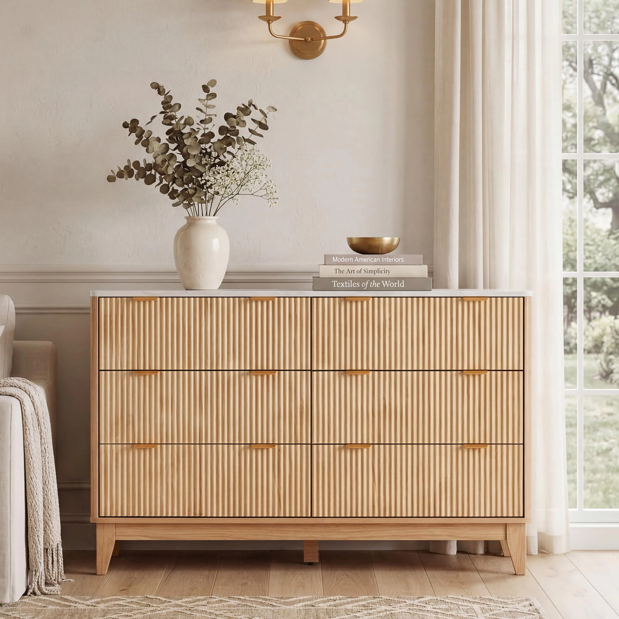 6-Drawer Dresser with Fluted Design and Gold Accents, 54" Wide Wood Storage Chest for Bedroom Living Room Entryway