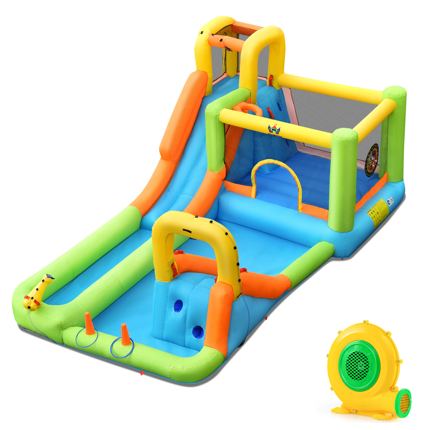 LJG Kids 8-in-1 Inflatable Water Slide Bounce House with Splash Pool and 735W Blower