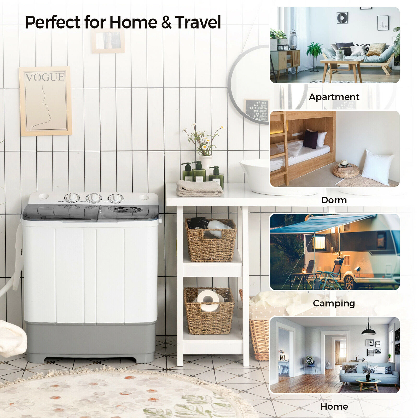 SUGIFT 2-in-1 Twin Tub Portable Washing Machine 22-lb Capacity with Timer Control Gray
