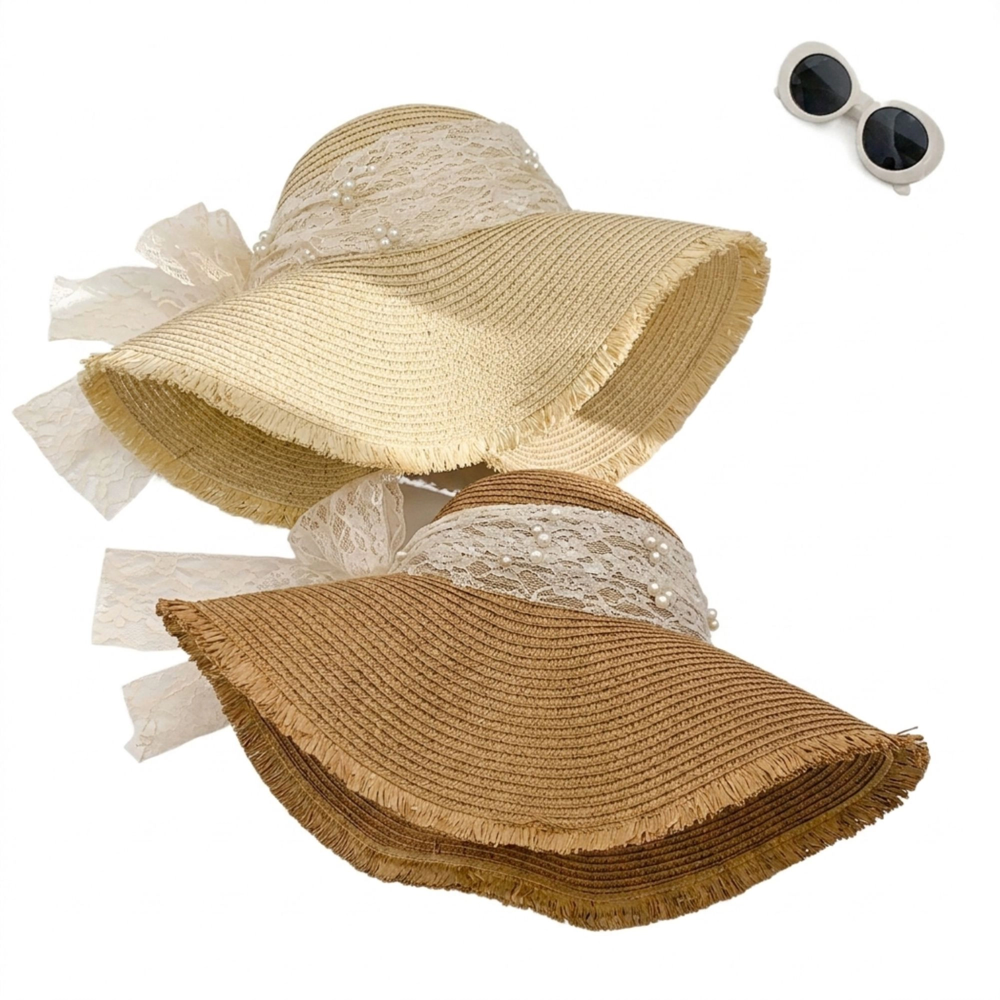 Anna-Kaci Women's Wide Brim Sun Hat with Lace Band and Frayed Edge