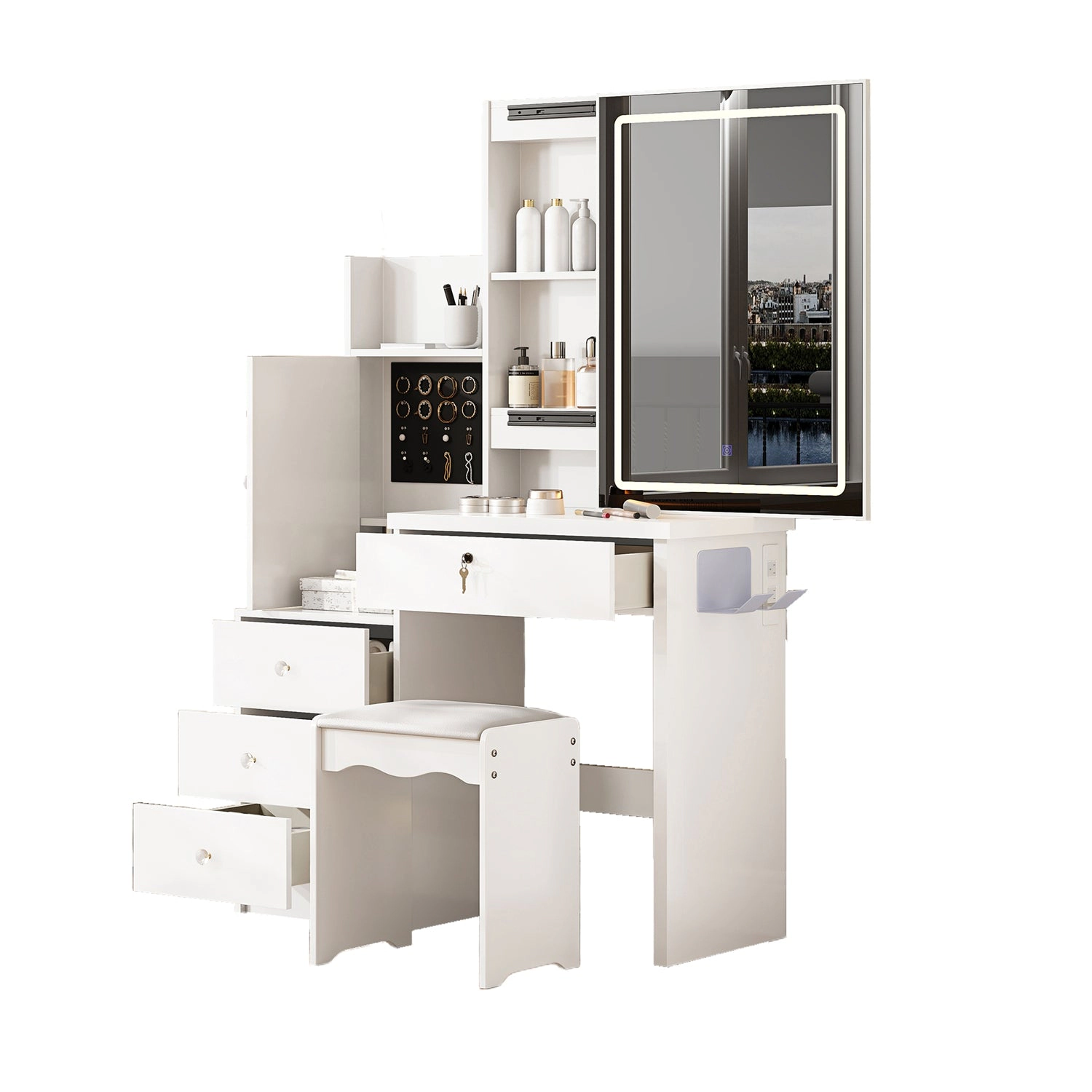 GBruno White Vanity Desk Set With LED Mirror & Stool