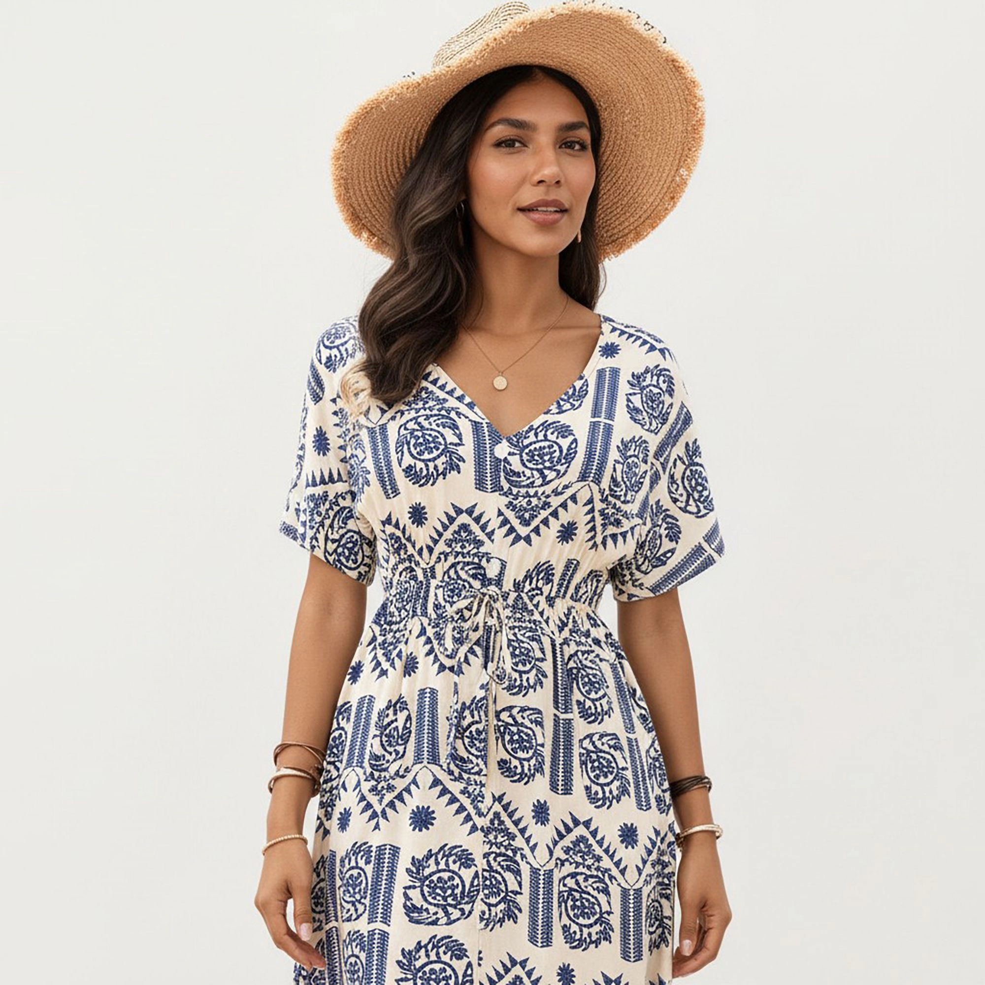 Anna-Kaci Women's V Neck Short Sleeve Print Drawstring Waist Midi Dress