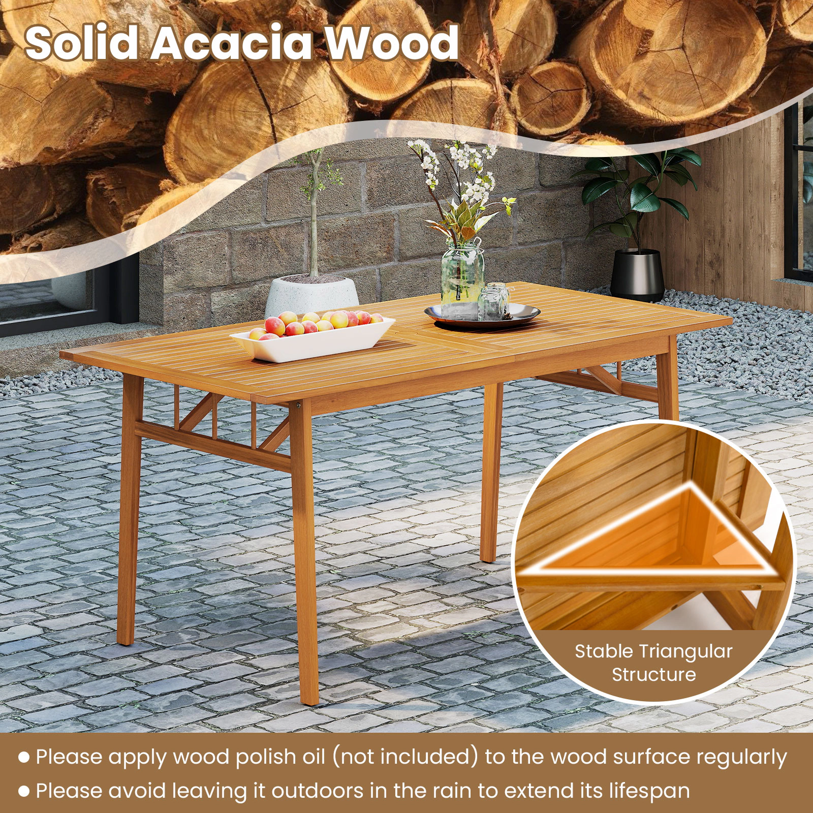 SUGIFT Outdoor Acacia Wood Dining Table with Umbrella Hole 63-in Long 165-lb Capacity Seats 4-6 Natural