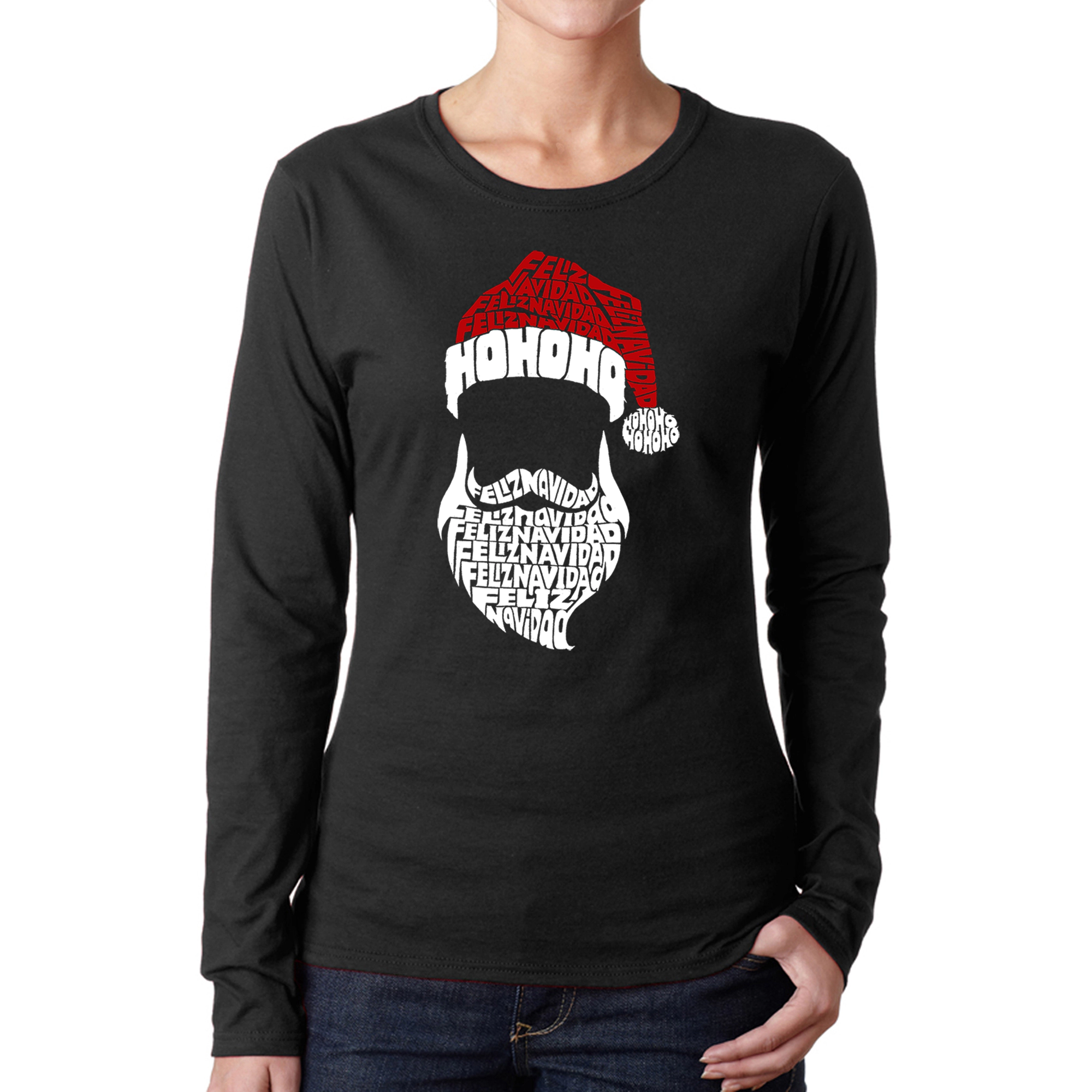 LA Pop Art Women's Word Long Sleeve T-Shirt - Feliz Navidad Santa Claus