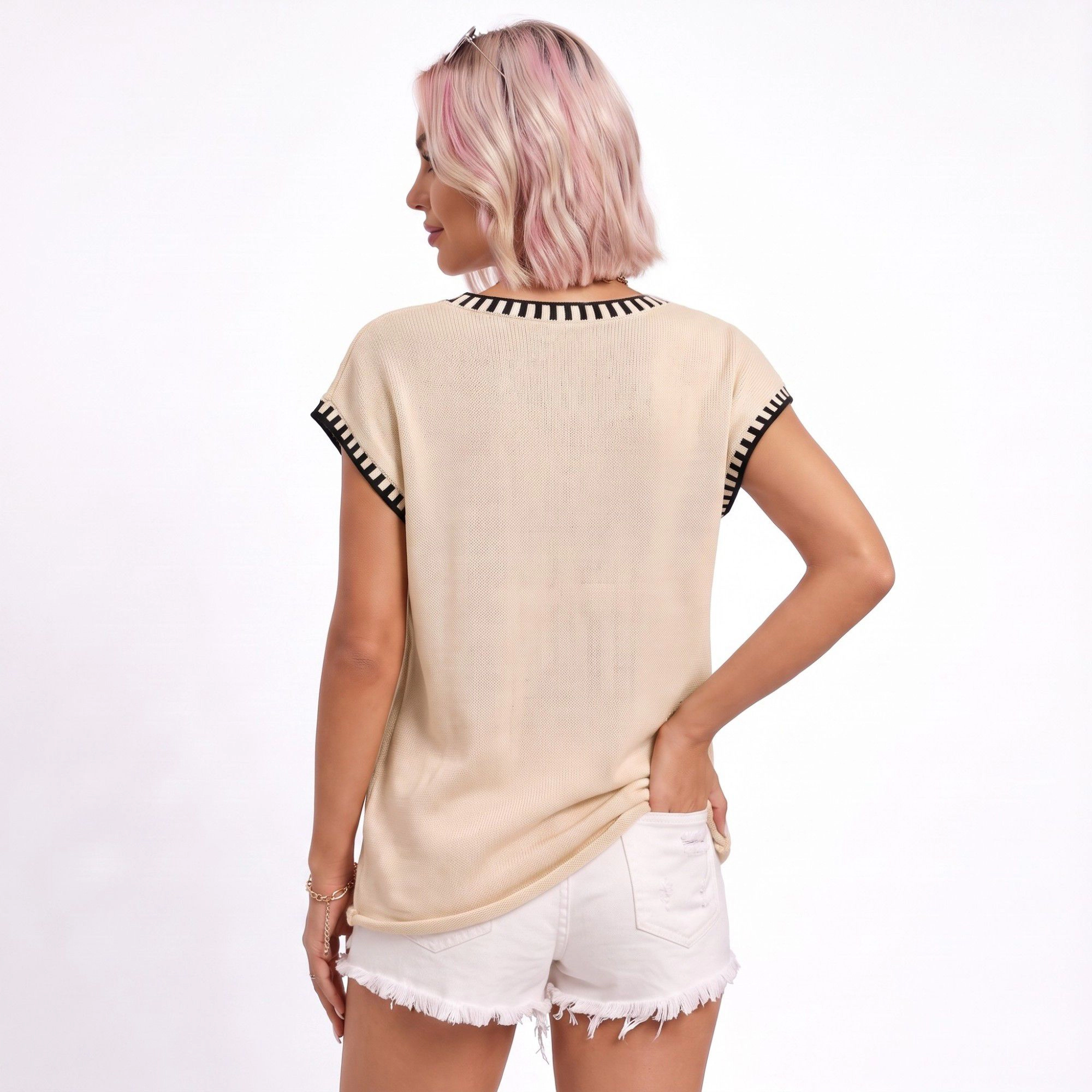 Anna-Kaci Women's V Neck Sweater Top Contrast Trim Dolman Short Sleeve Knit