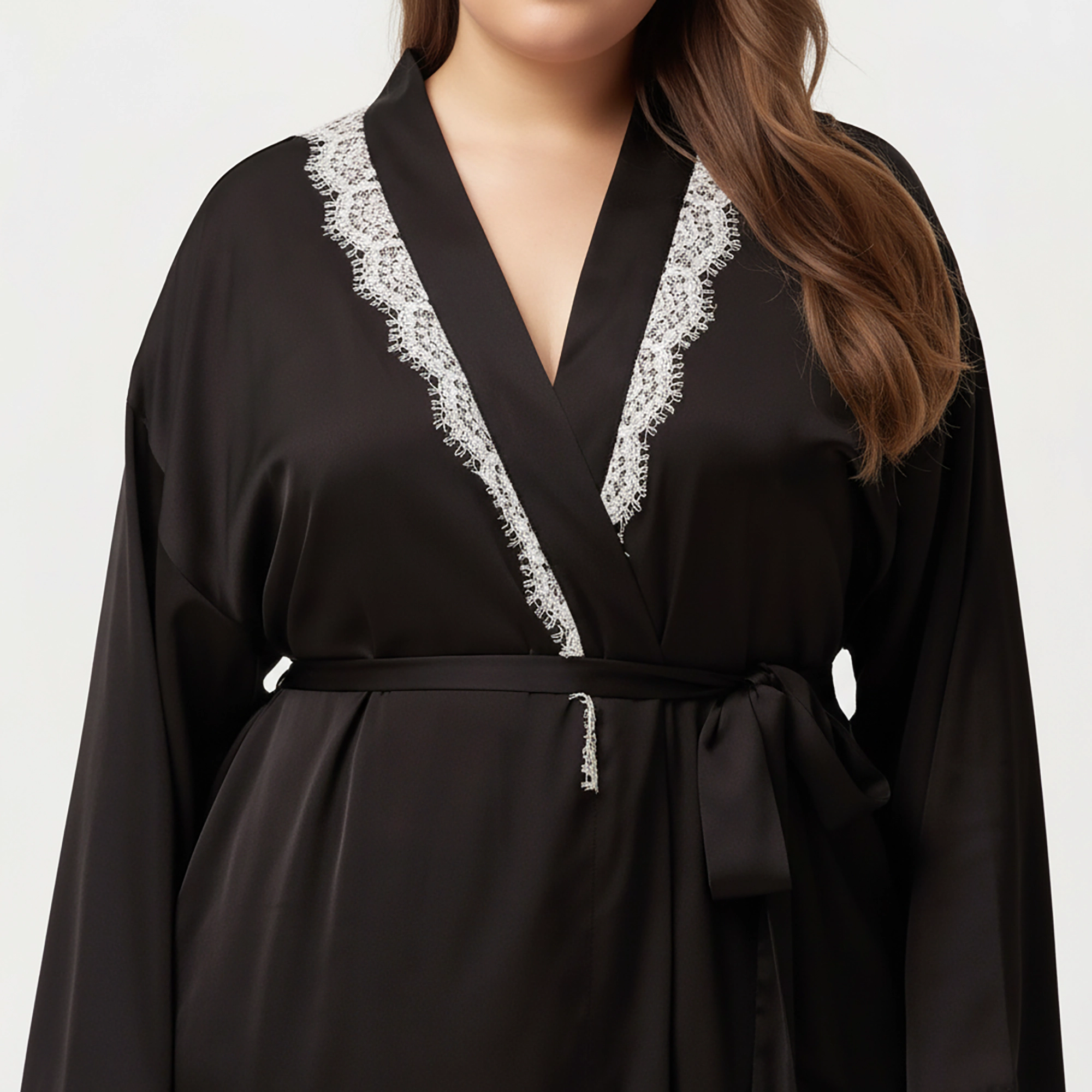 Anna-Kaci Women's Plus Long Robe Lace Trim on Collar and Cuffs Featuring Soft Flowing Fabric Adjustable Belt