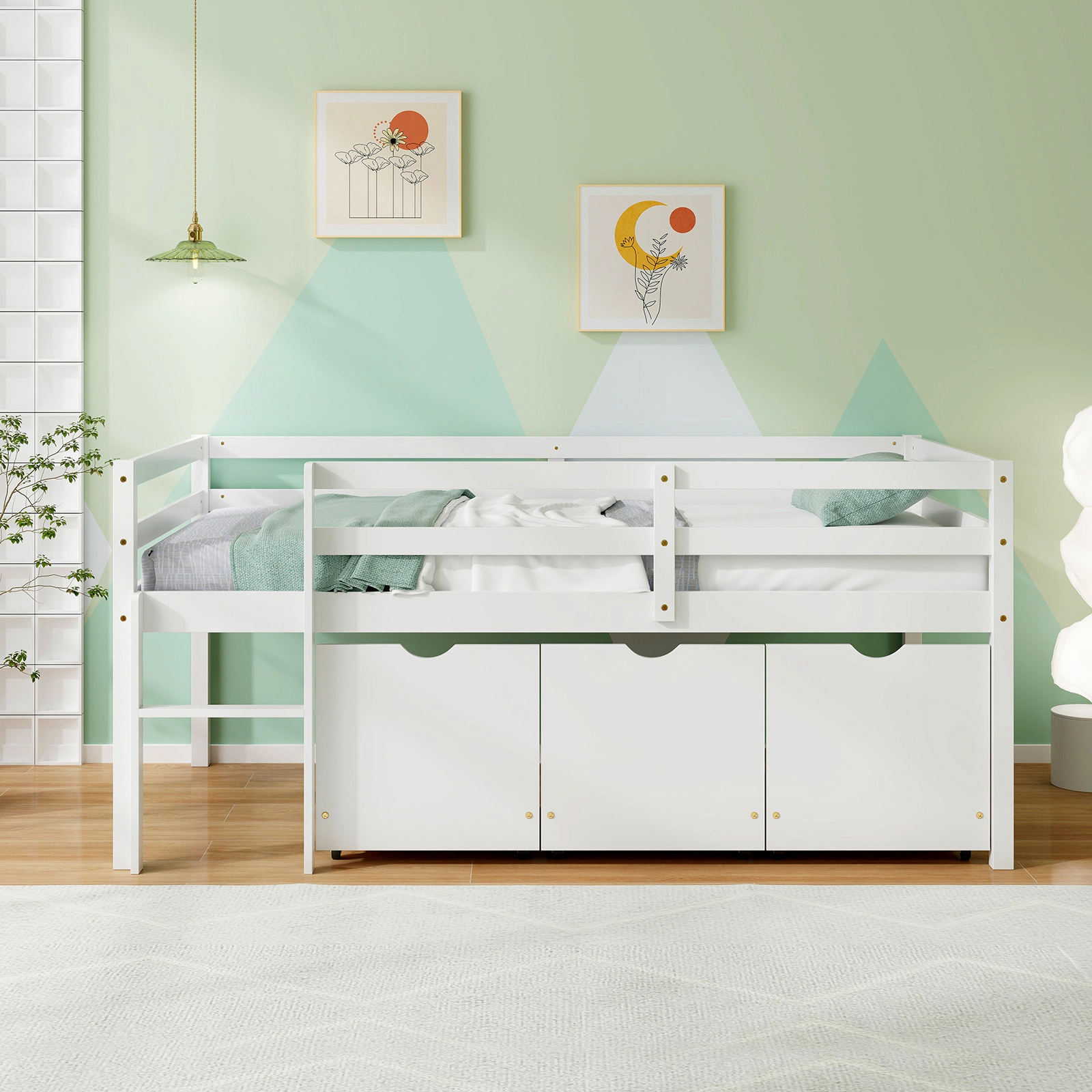 Twin Size Low Loft Bed with 3 Rolling Storage Drawers Solid Pine Wood Kids Bed with Integrated Ladder White