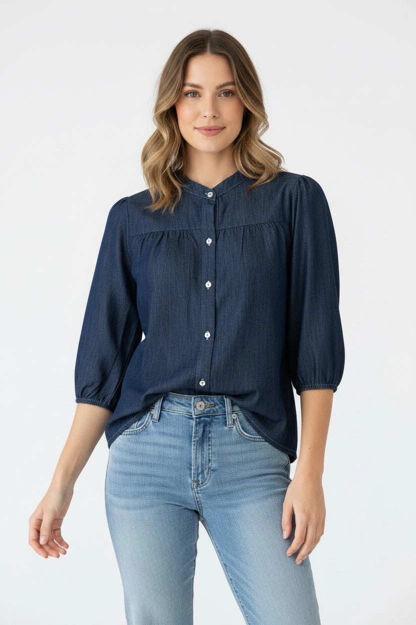 DressAtR Women's Navy Blue Denim Three Fourth Sleeve Button Front Blouse