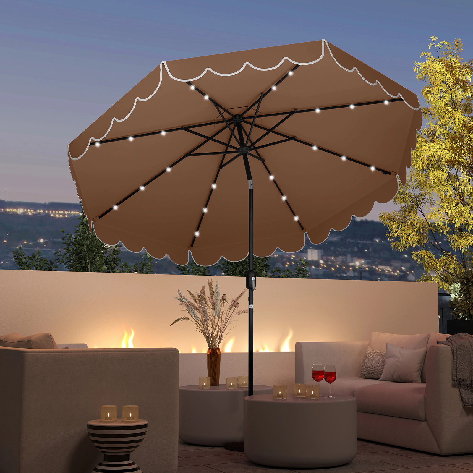 SUGIFT 9.3-ft Solar Patio Umbrella with 24 LED Lights 2-Section Crank Tilt Vented Ruffled Canopy Coffee