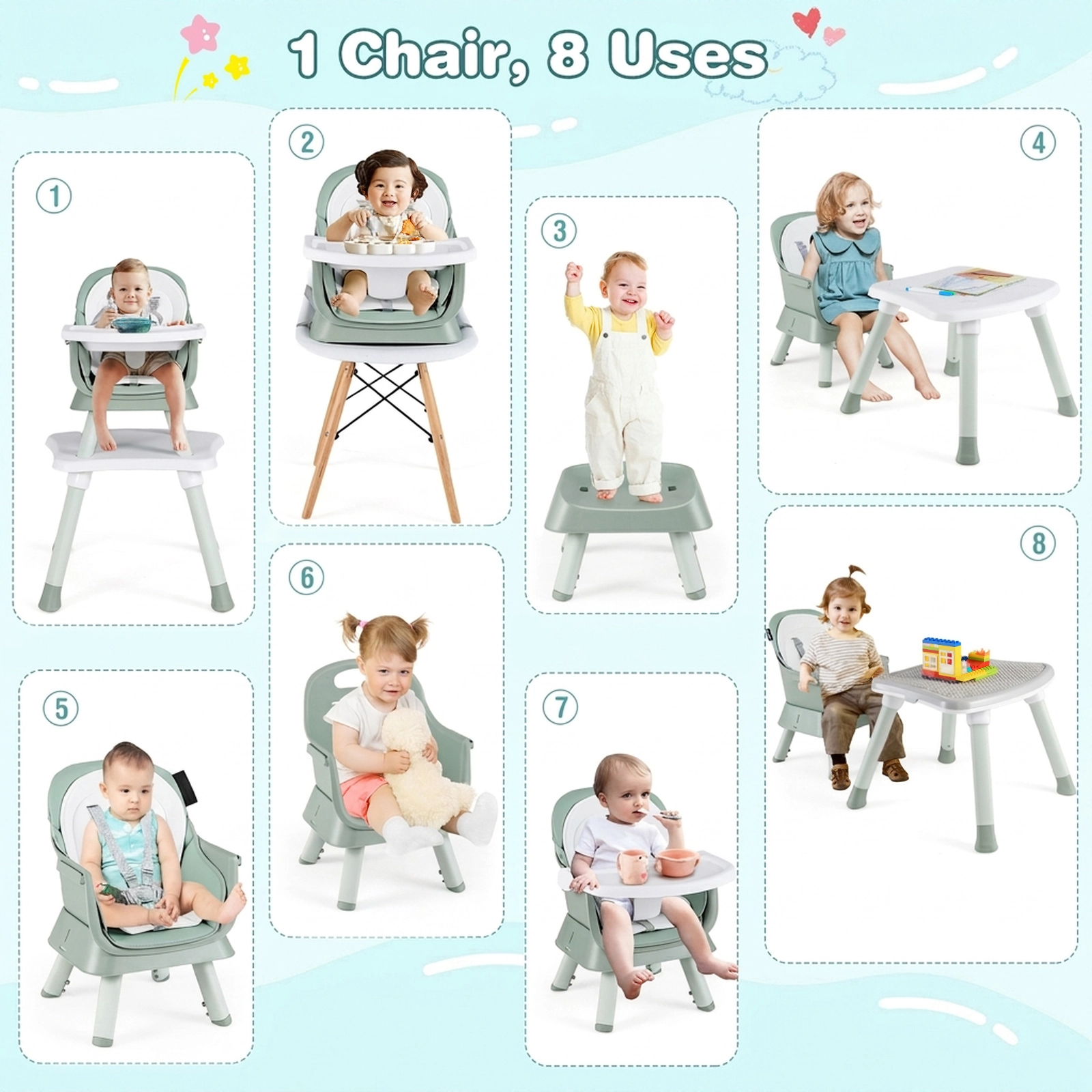 Easy-Clean 6-in-1 Baby Highchair Dishwasher-Safe BPA-Free Tray Removable Cushion Anti-Falling Barrier Green