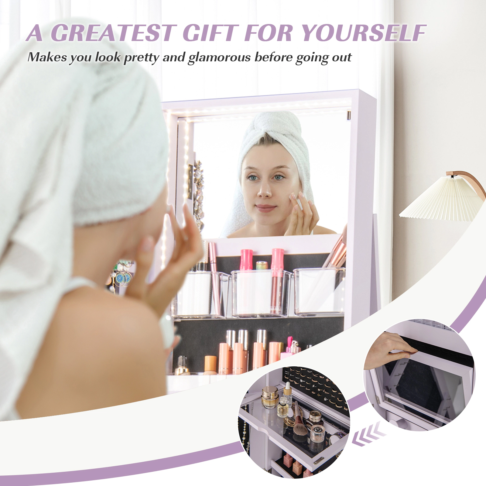 SUGIFT White 360-Degree Rotating Jewelry Armoire Standing Mirror with Folding Makeup Table and LED Modes