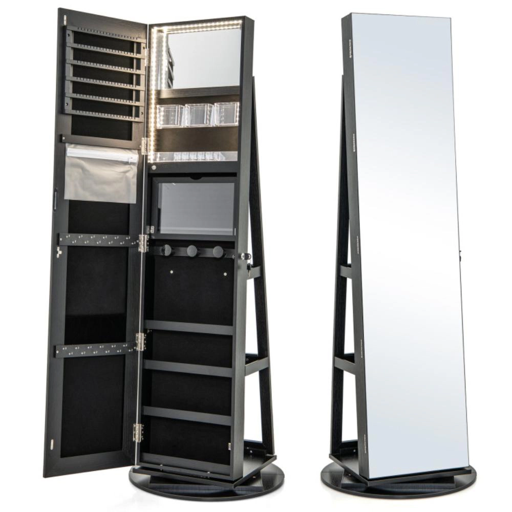 Hivvago 360Â° Rotating Mirrored Jewelry Cabinet Armoire 3 Color LED Modes Lockable-Black