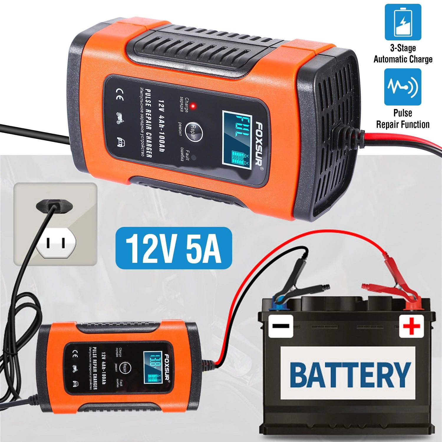 GBruno 12V 5A LCD Car Battery Charger