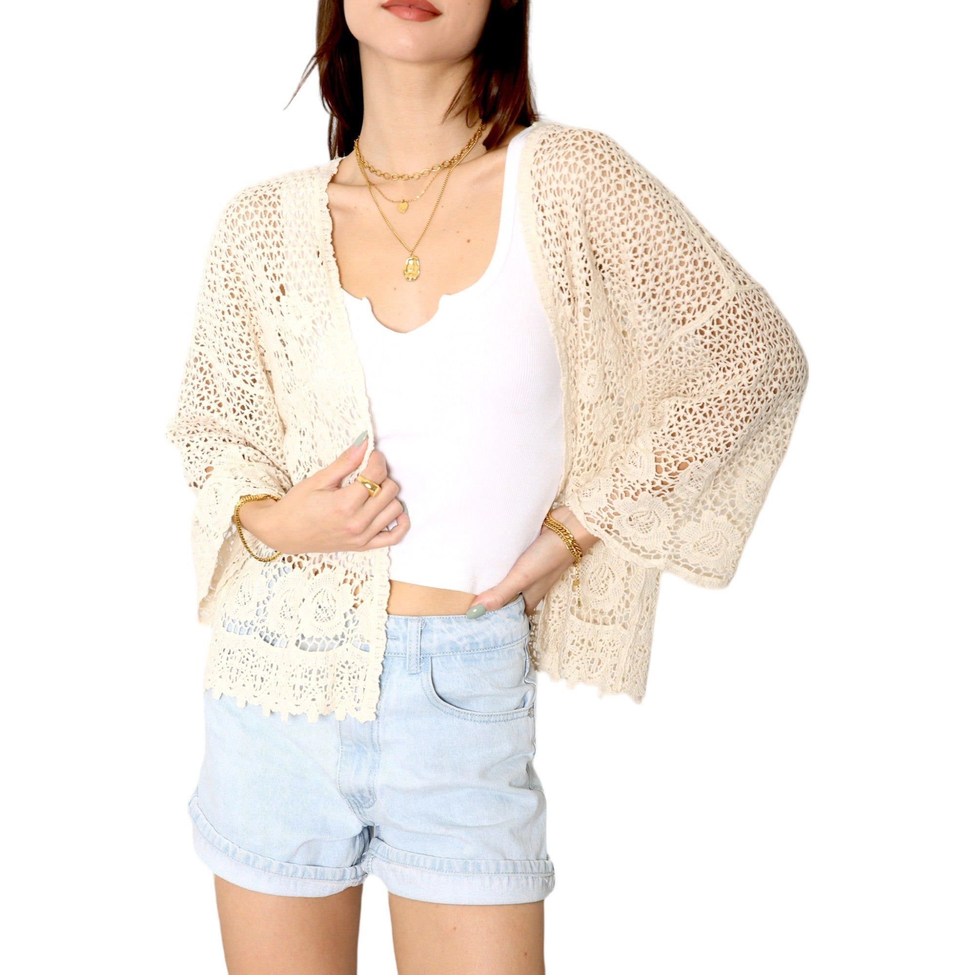 Anna-Kaci Women's Short Embroidered Lace Duster Crop Cardigan with Half Sleeves for Casual Looks