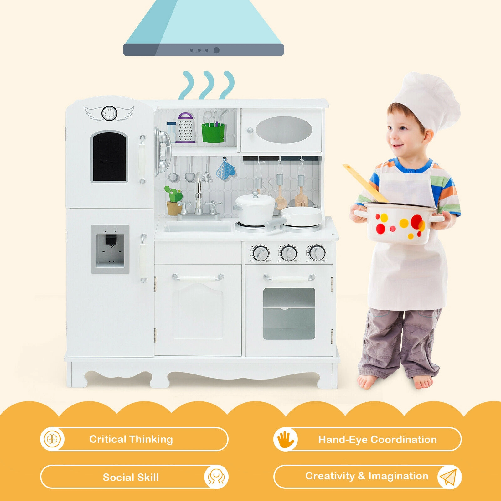 Kids Play Kitchen Water Dispenser Removable Sink Snap-On Doors 31-in Wide Kitchen Toy Set for Two Children Ages 3+ White