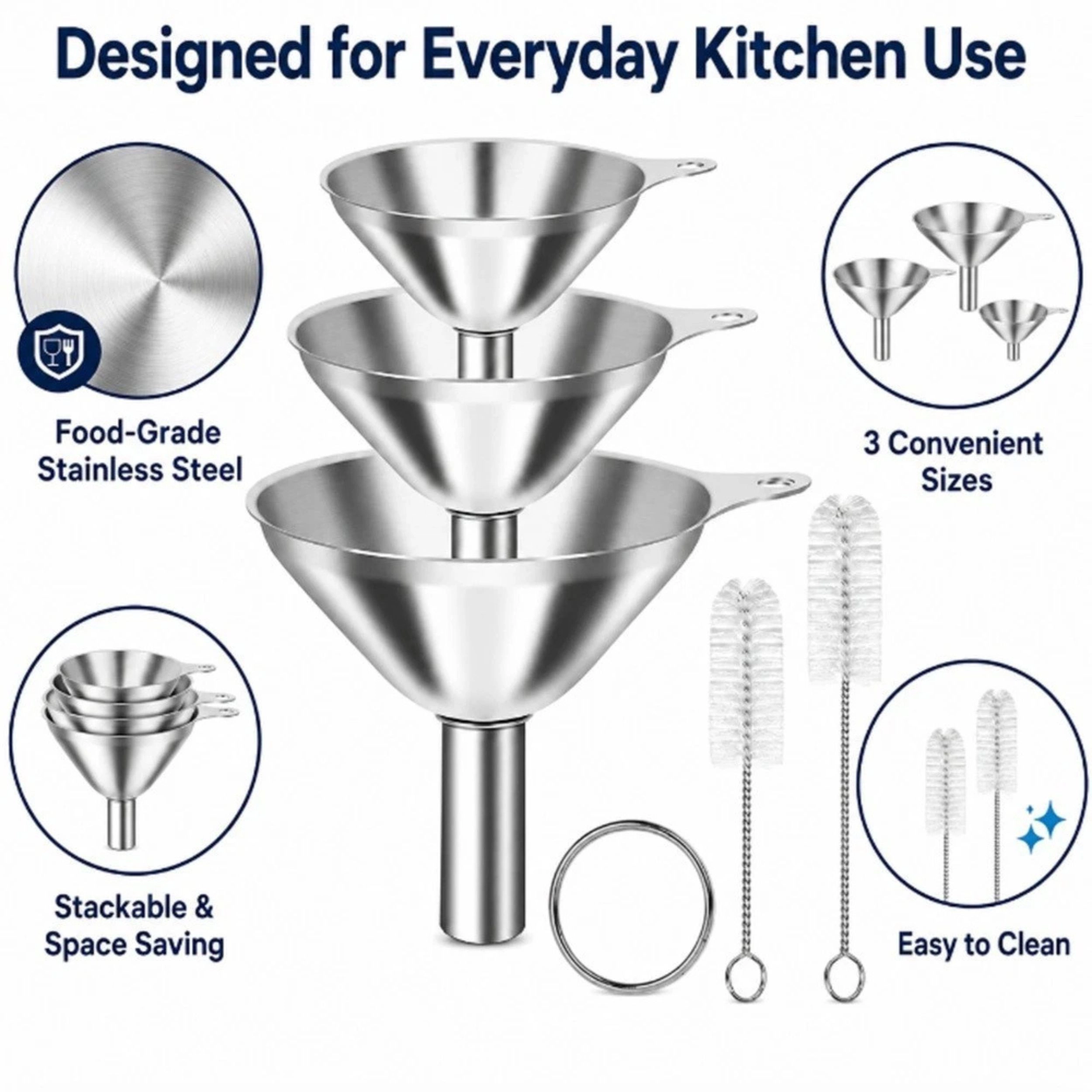 Home Collection 3-Piece Stainless Steel Kitchen Funnel Set with 2 Cleaning Brushes