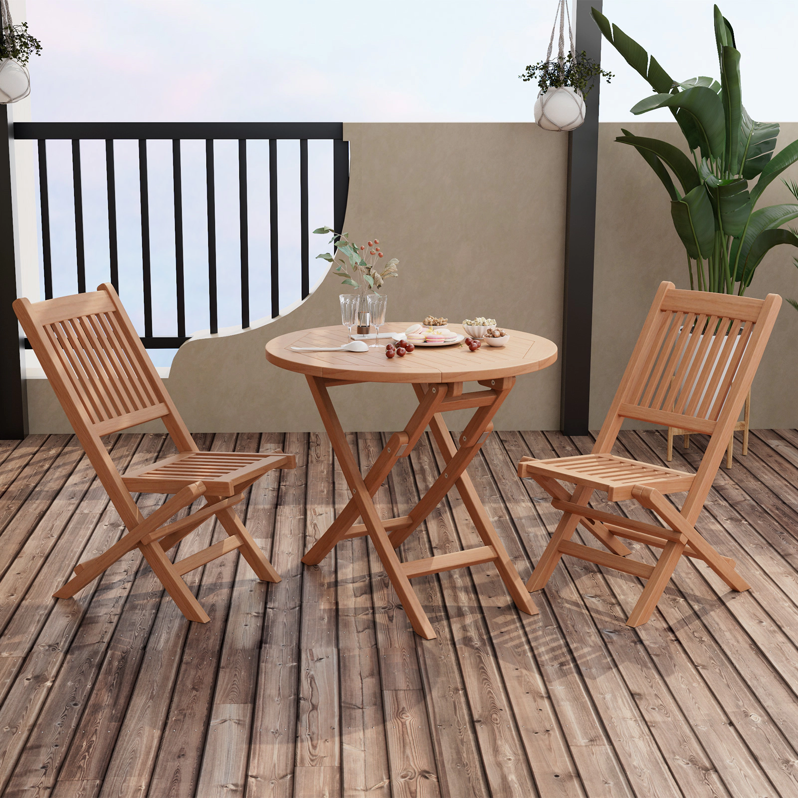 Slickblue 3 Piece Outdoor Bistro Furniture Set Teak Wood Folding Chair Table