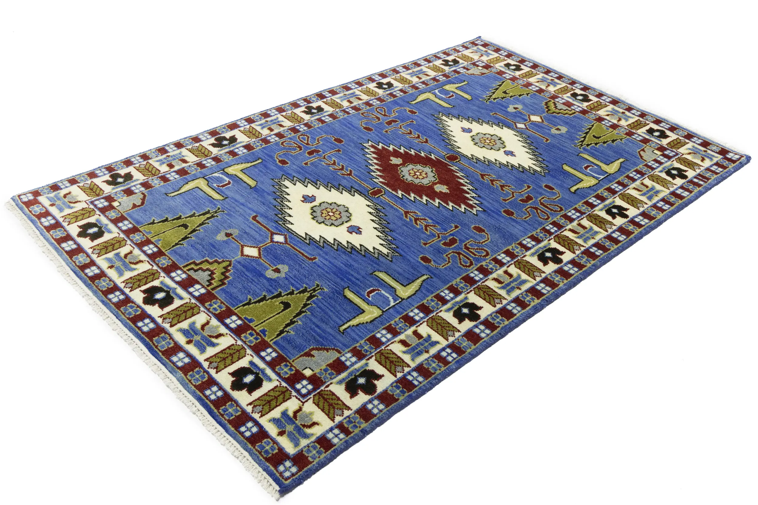 Magic Rugs 5'0 X 8'0 Hand Knotted Kazak Blue Geometric Wool Rug