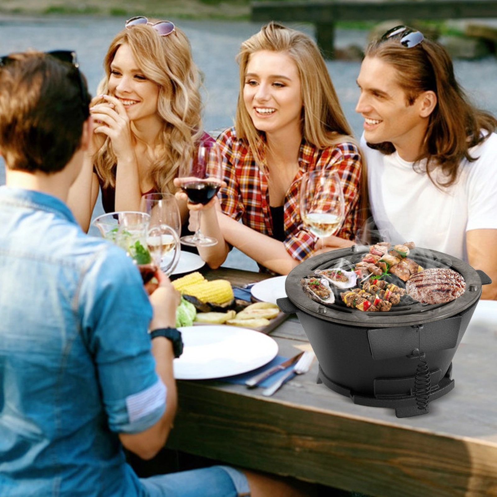 SUGIFT Round Hibachi Charcoal Grill with 12-in Double-Sided Grate Outdoor Portable Stove Black