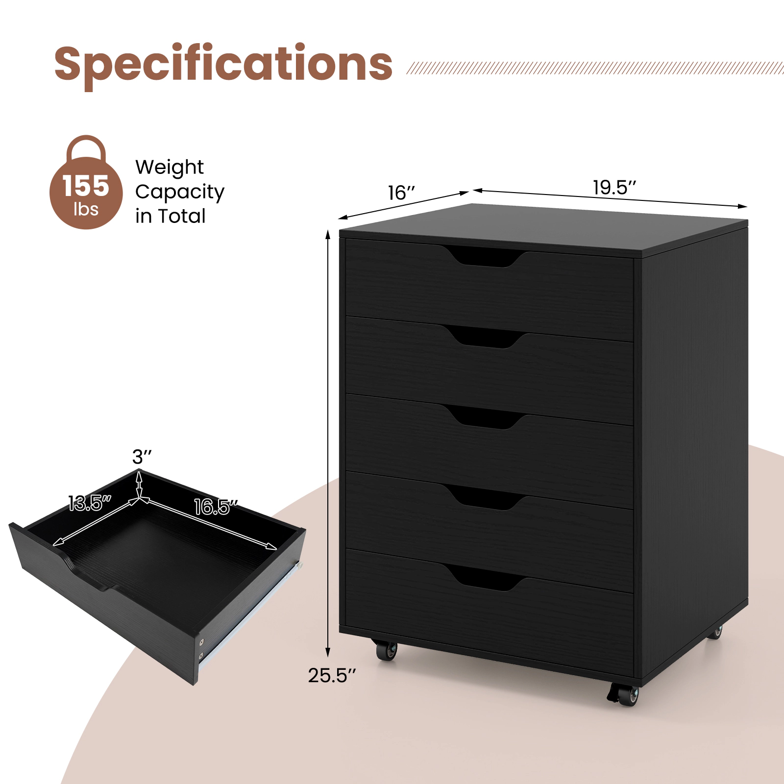 SUGIFT 5-Drawer Mobile File Cabinet Wheels 155-lb Capacity 19-in Long Engineered Wood MDF for Living Room & Office Black