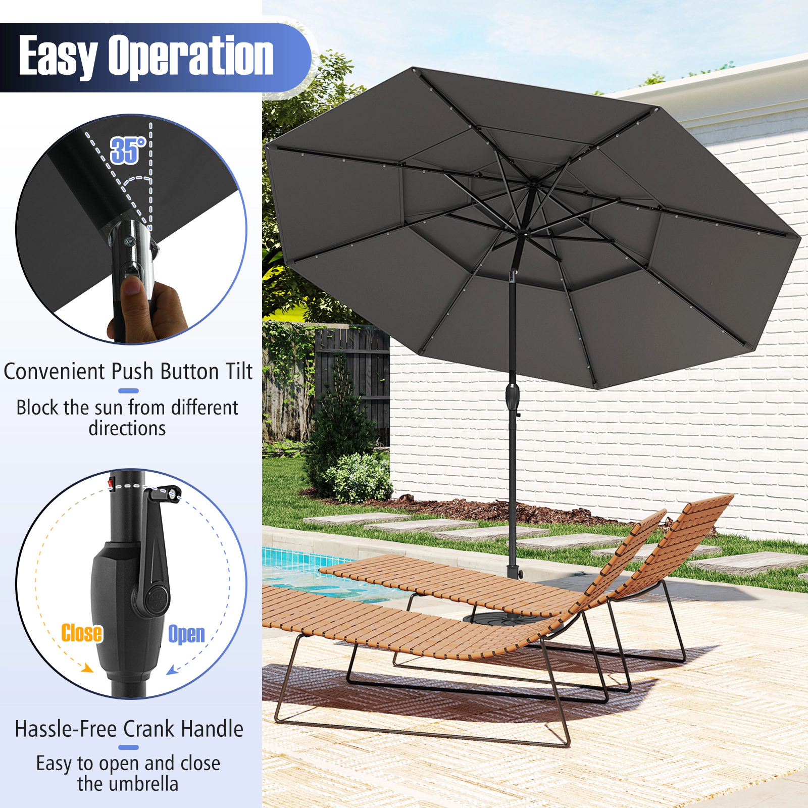 SUGIFT 10.3 ft Solar Patio Umbrella with 3-Tier Vented Top and 32 LED Lights