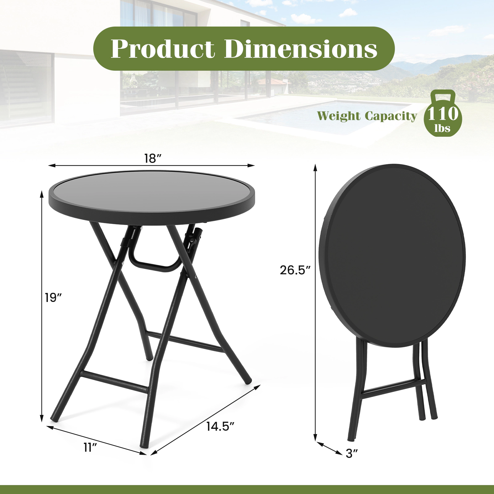 LJG 18 Inch Folding Side Table Patio Round Compact Coffee Table