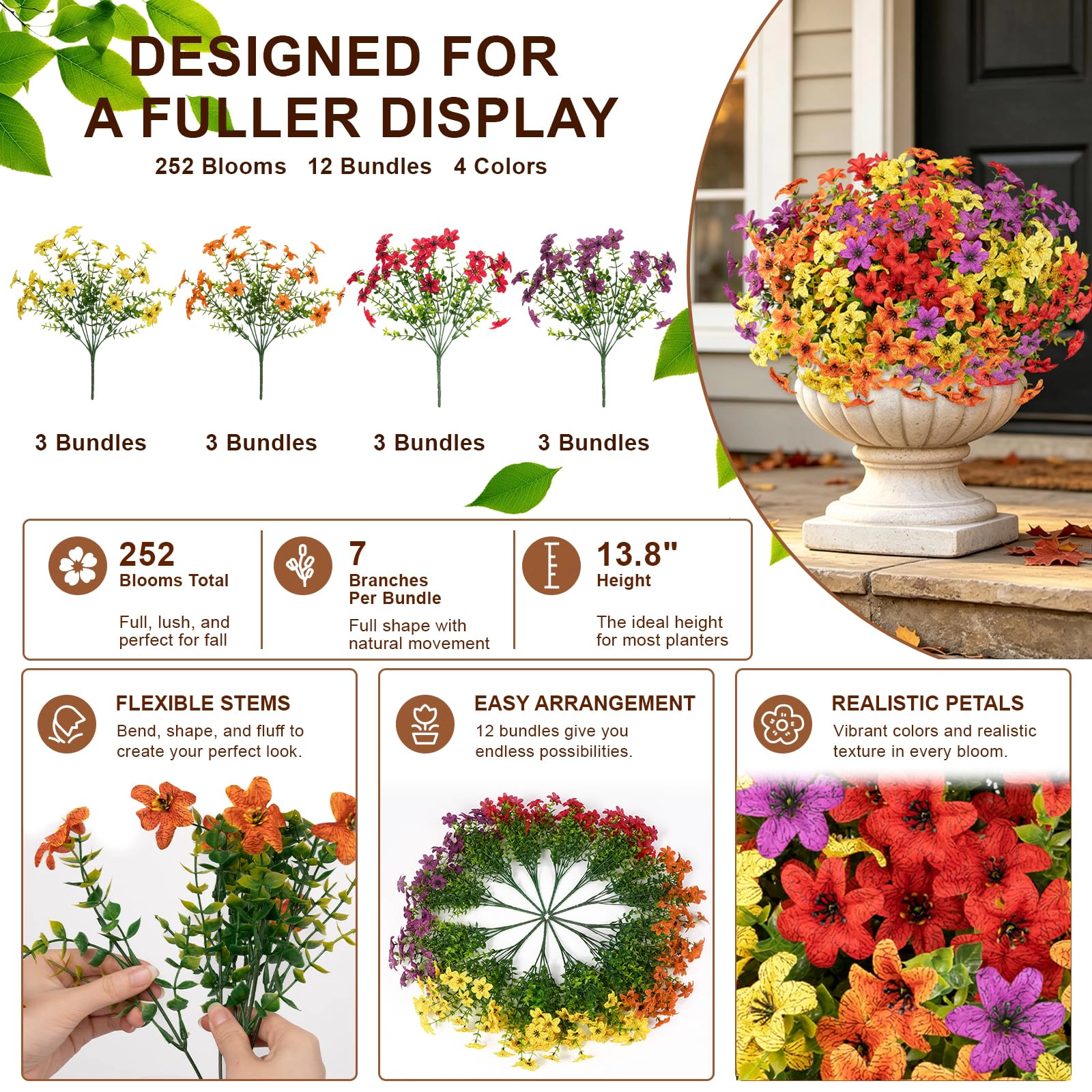 PUPWE Artificial Fall Flowers For Outdoors  12 Uv Resistant Faux Mums
