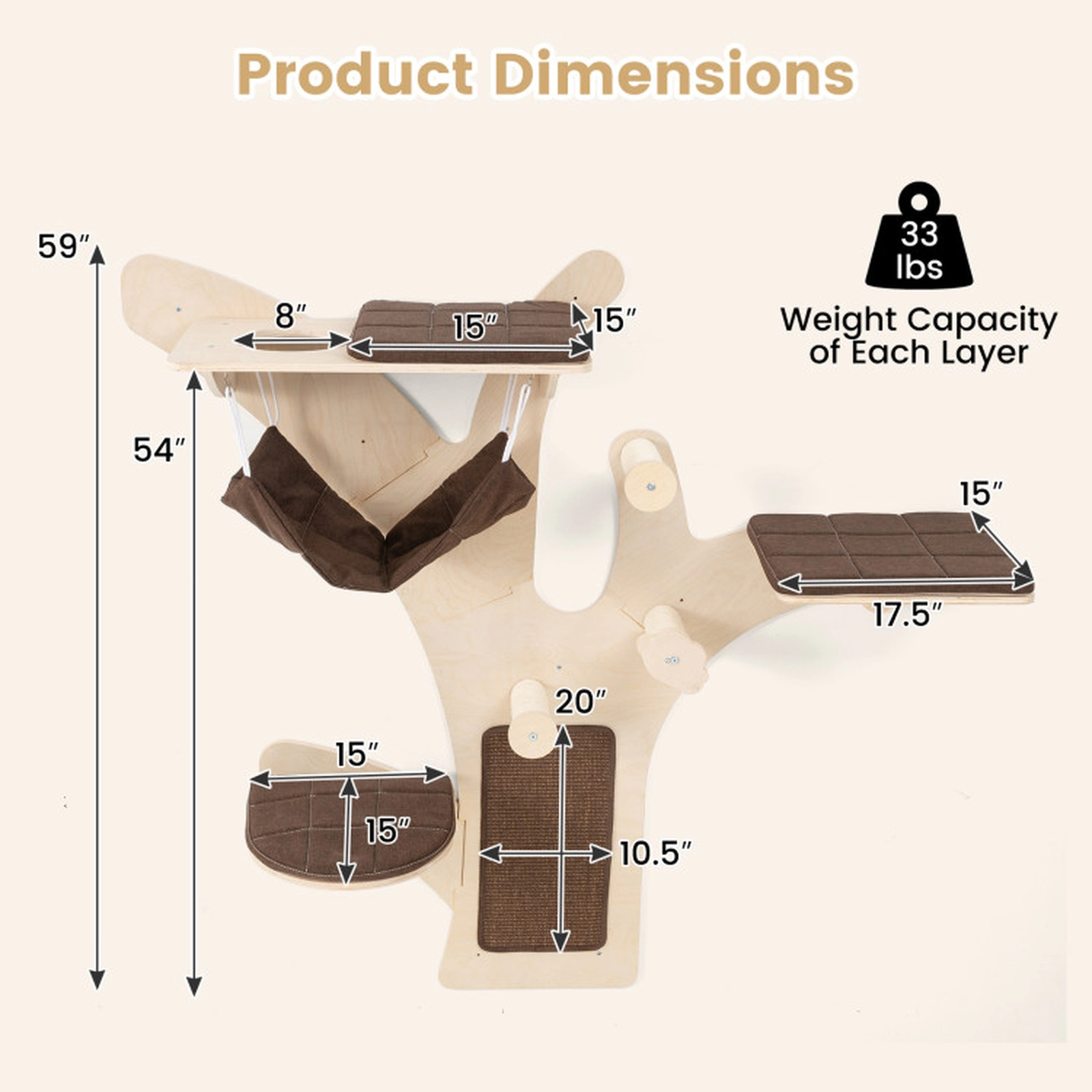 SUGIFT Wall-Mounted Plywood Cat Tower with Hammock, Perches and Scratching Mat 33-lb Capacity Natural+Brown