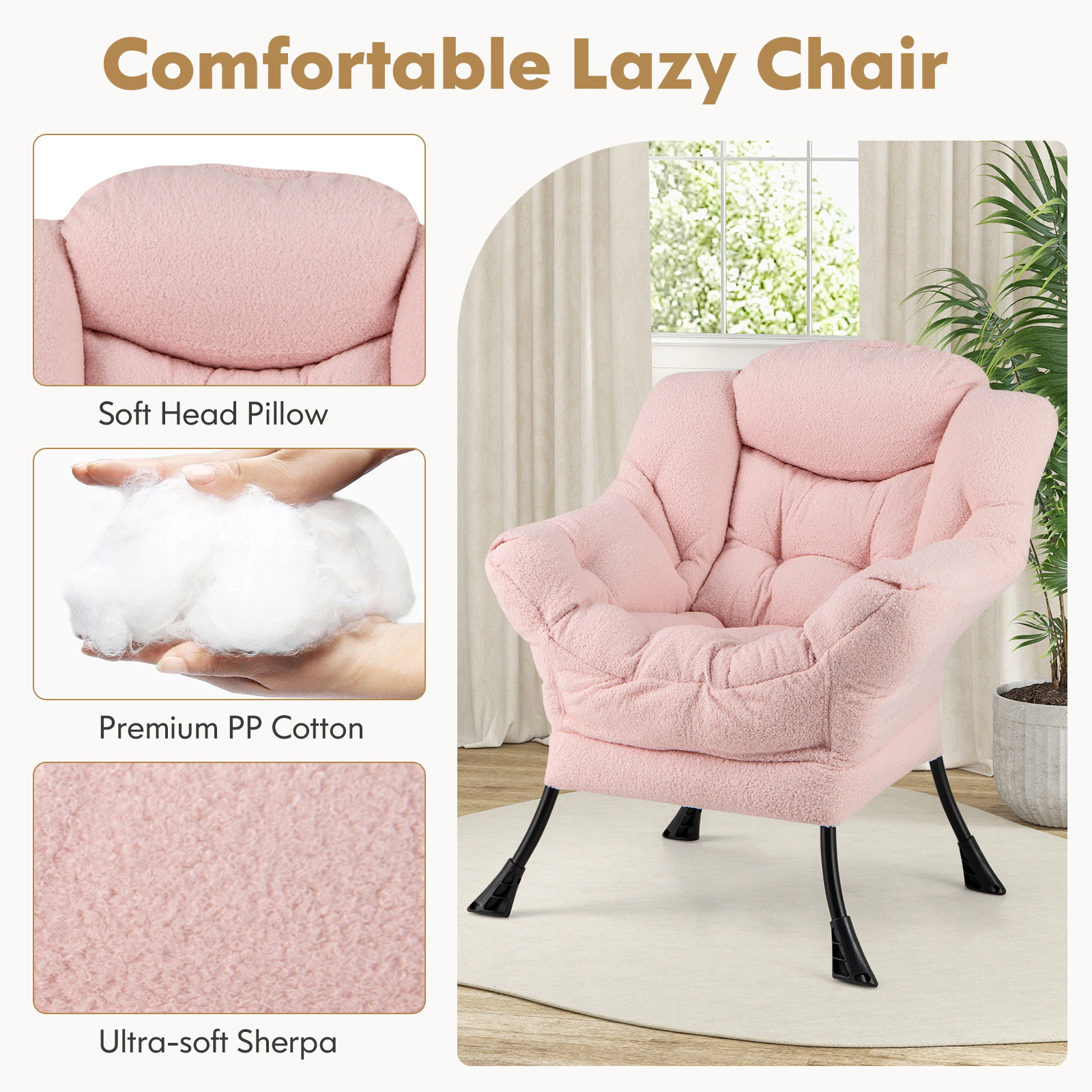 SUGIFT Sherpa Accent Chair with Folding Footrest and Head Pillow 31.5-in High Pink