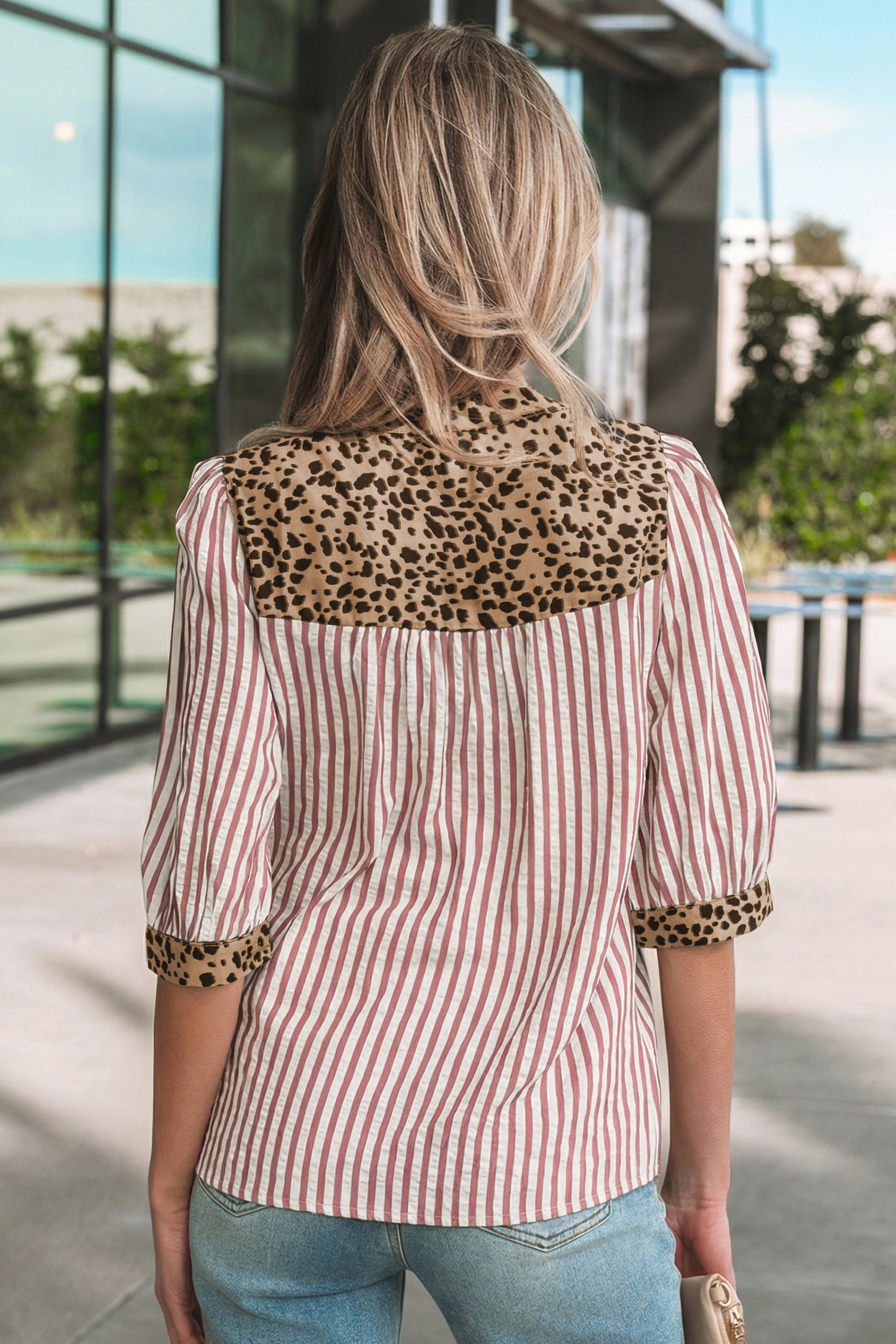 19092 Bianca Down Pink Striped V-Neck Shirt with Leopard Trim