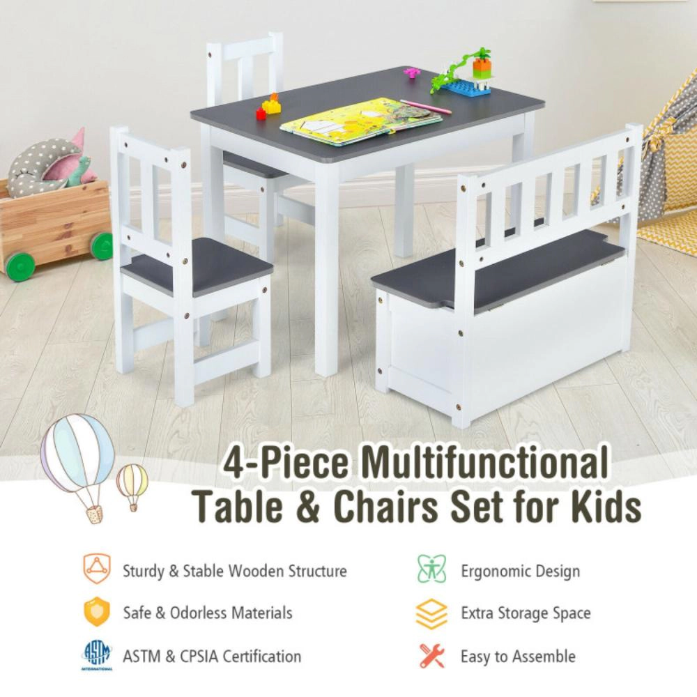 Hivvago 4 Pieces Kids Wooden Activity Table And Chairs Set With Storage Bench Study Desk