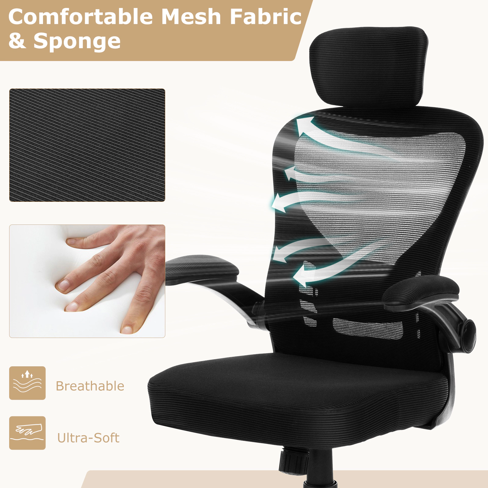 SUGIFT Mesh Office Chair with Adjustable Height Headrest Lumbar Support Flip-Up Armrests and Rocking Function 26