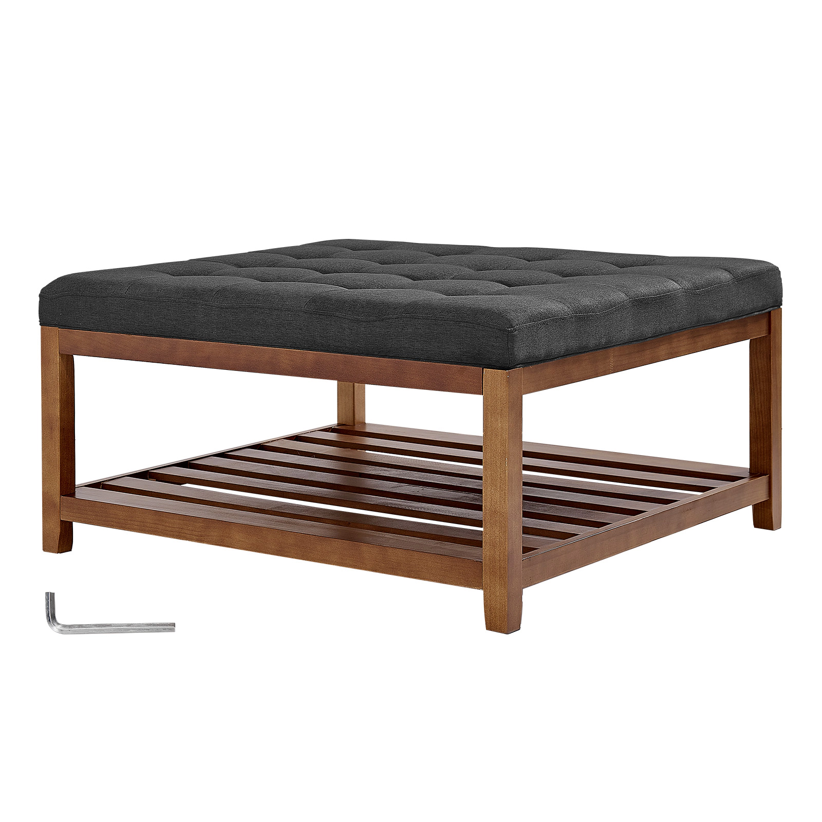 HONGGE Large Ottoman Coffee Table, Tufted Table with Solid Wood Shelf Storage