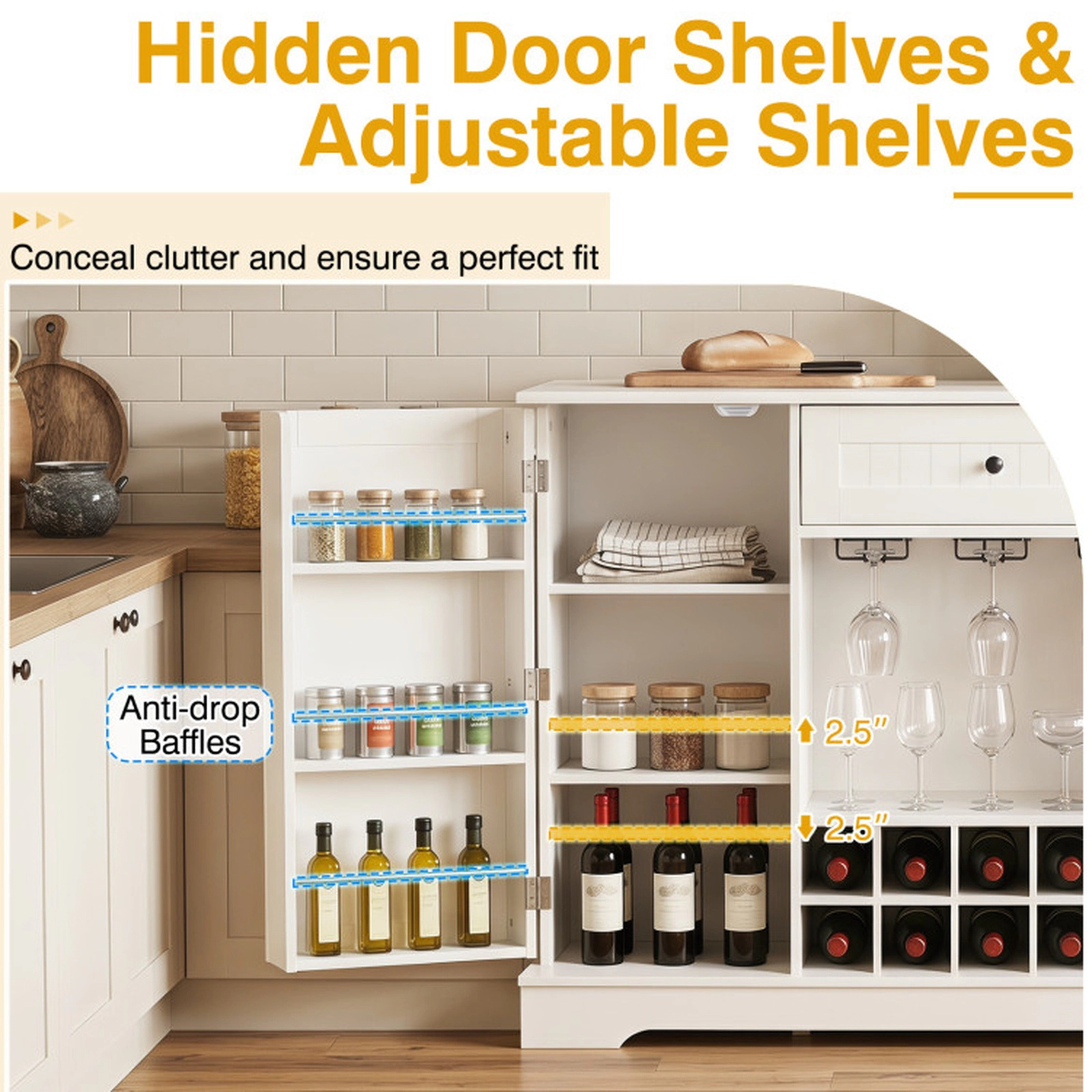 SUGIFT 47.5-in White Sideboard Cabinet with 10-Bottle Removable Wine Rack Glass Holder and Door Shelves
