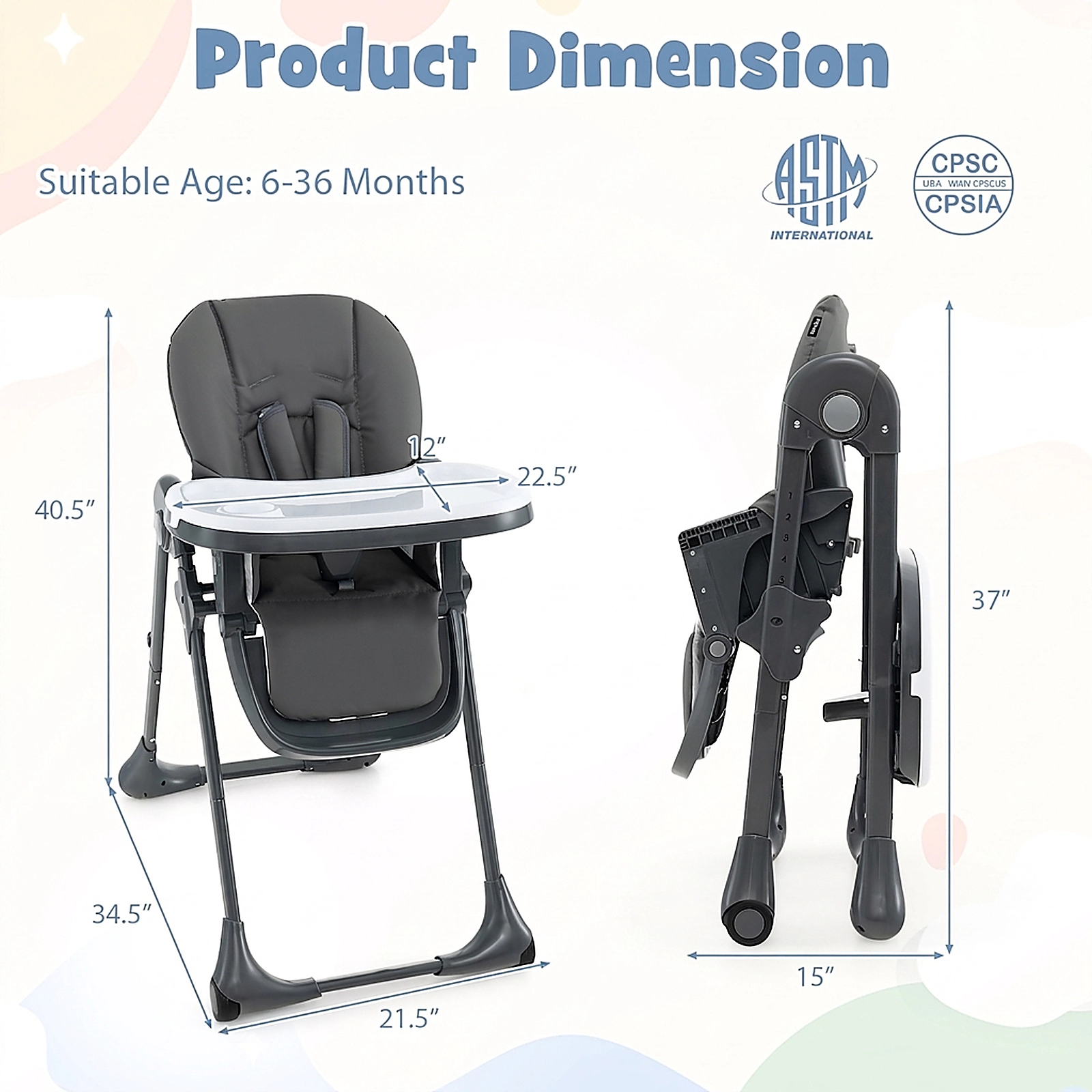 SUGIFT 3-in-1 Convertible Baby High Chair with 7 Heights and Double Food Tray 33-lb Capacity Ages 6-36 Months Dark Gray