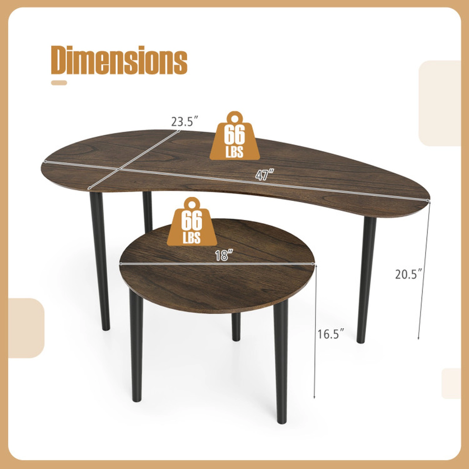 SUGIFT Set of 2 66-lb Capacity Mid Century Modern Walnut Nesting Coffee Tables with Rubber Wood Legs